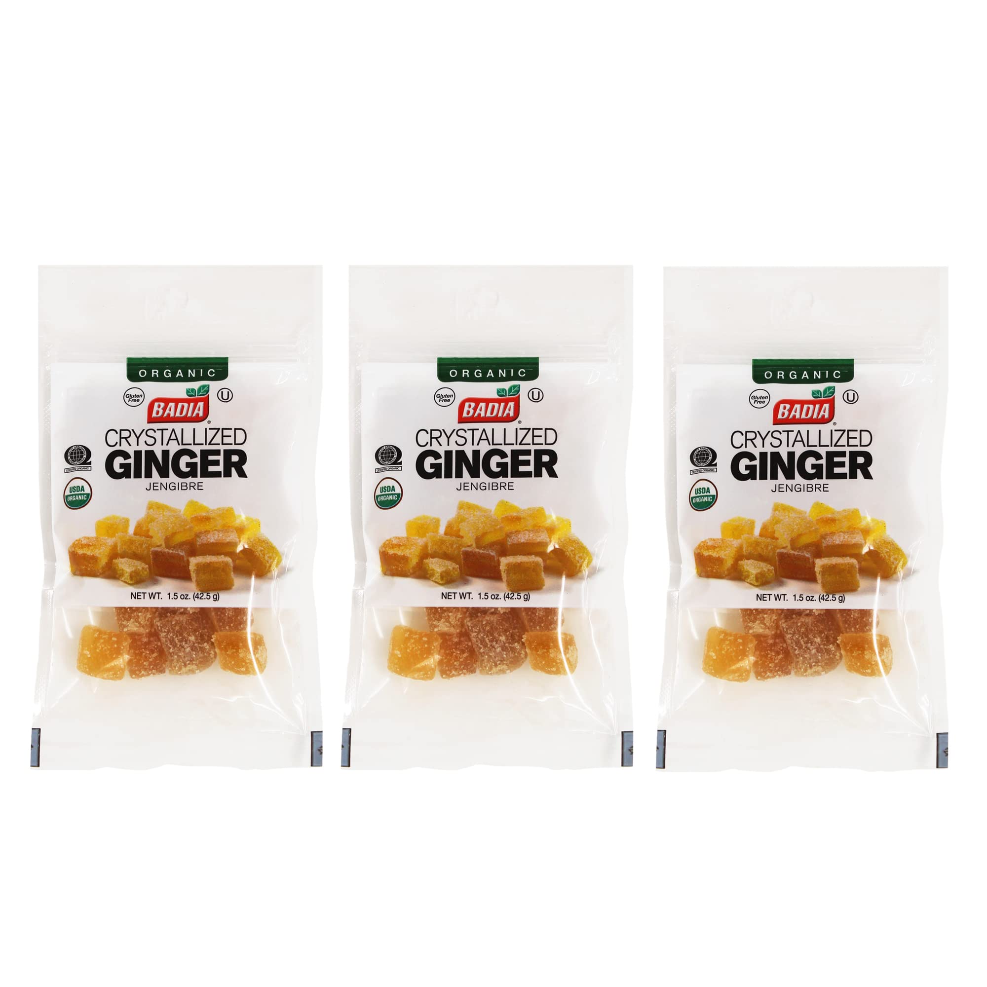 Organic Crystallized Ginger by Badia - 1.5 oz (Pack of 3) | Natural Ginger Candy for Digestion & Nausea Relief | Perfect for Baking, Tea, and Healthy Snacking
