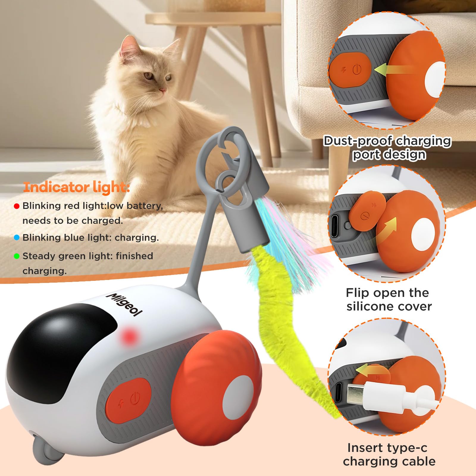 Turbo Tail 3.0 Smart Remote Control Electric Interactive Cat Toy - Rechargeable USB-C Feather Mouse Toy for Indoor Cats (2 Pack: Blue & Orange) - Perfect for Playtime, Exercise & Bonding with Your Feline Friend