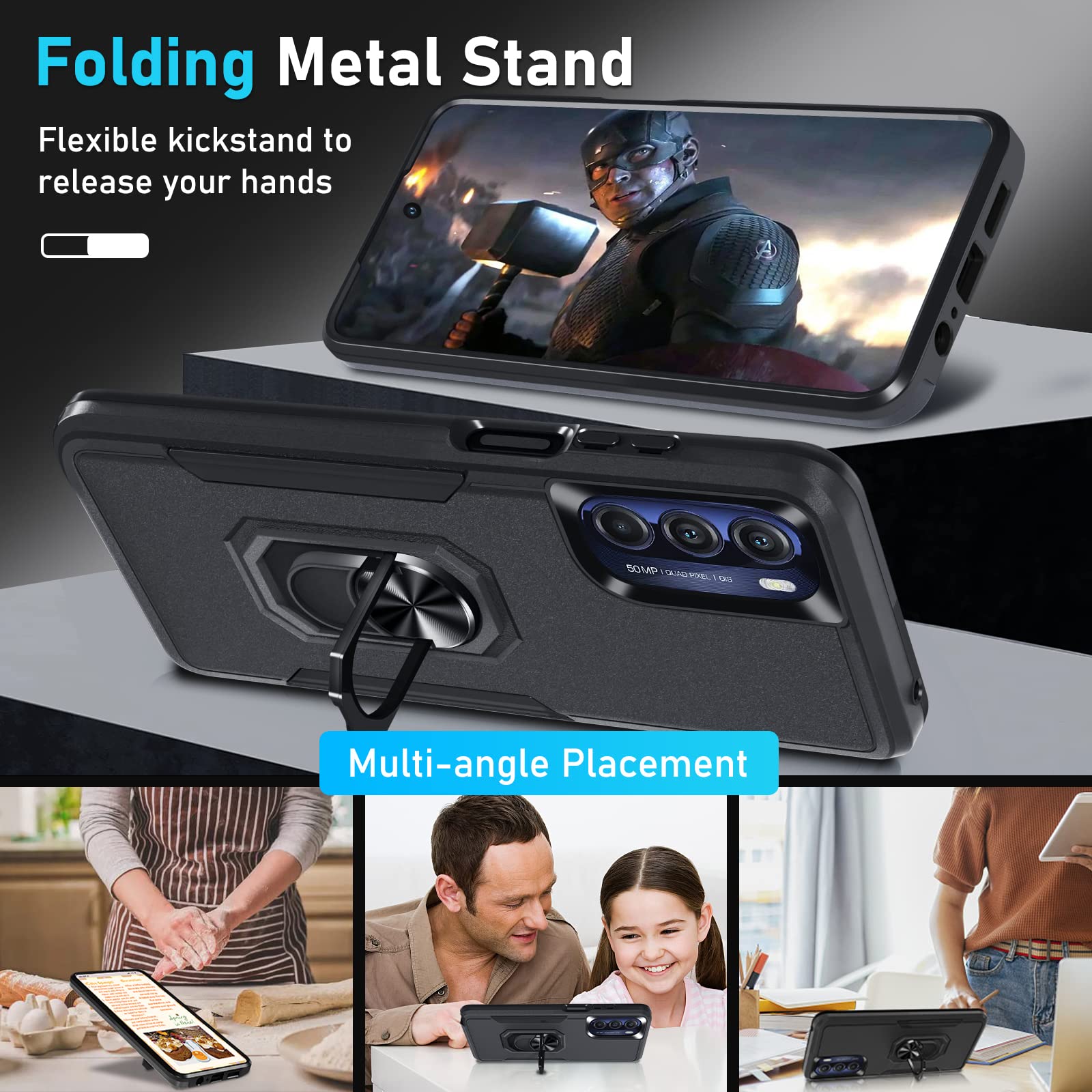 Janmitta Heavy Duty Shockproof Case for Moto G 5G 2022 with Built-in Rotatable Metal Ring Holder & Kickstand | Includes Screen Protector | Black Matte Finish | Perfect for Outdoor Activities, Travel & Daily Protection
