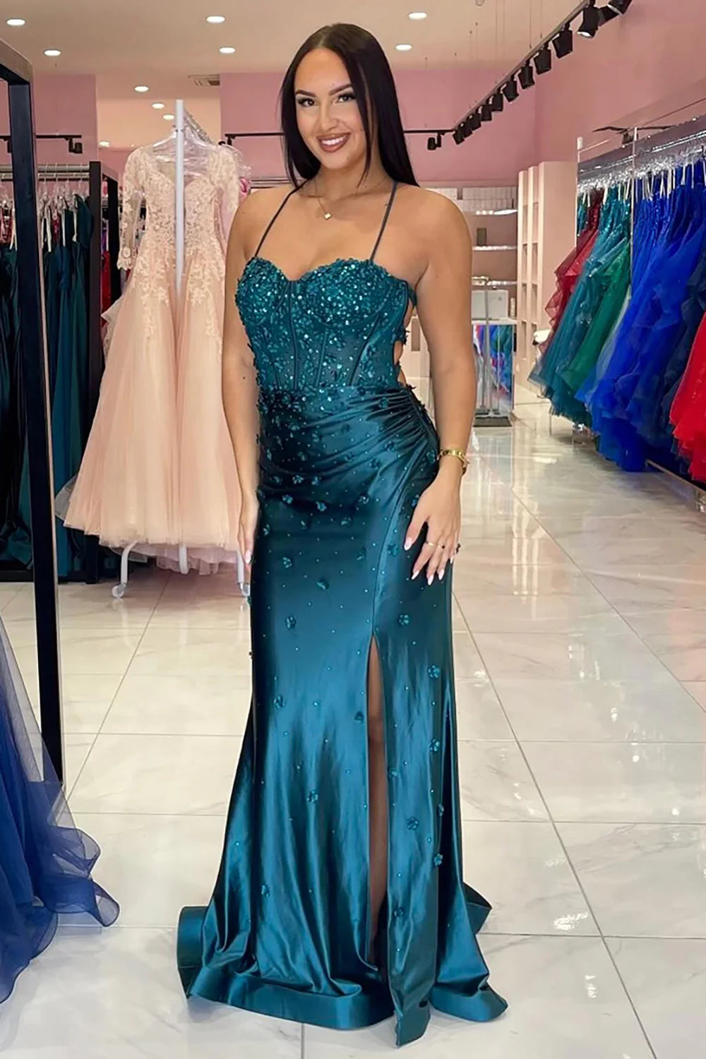 Elegant Navy Blue Corset Pleated Prom Dress with Floral Appliques - Perfect for Homecoming, Formal Dances & Special Occasions