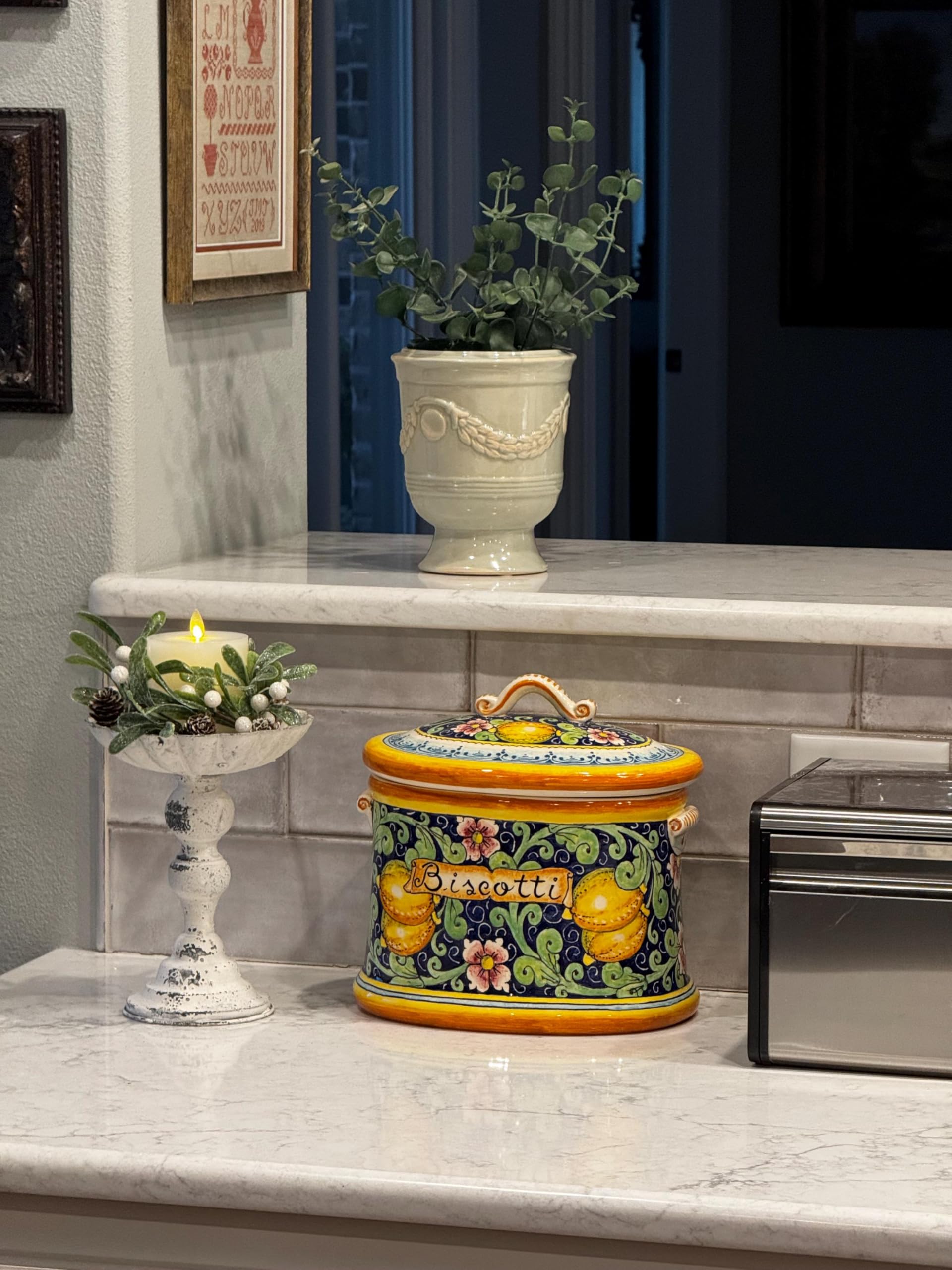 Italian Ceramic Biscuit Cookies Jar - Hand Painted Tuscan Lemon Decor - Artisanal Pottery Made in Italy | Perfect for Kitchen Storage & Tuscan Home Decor