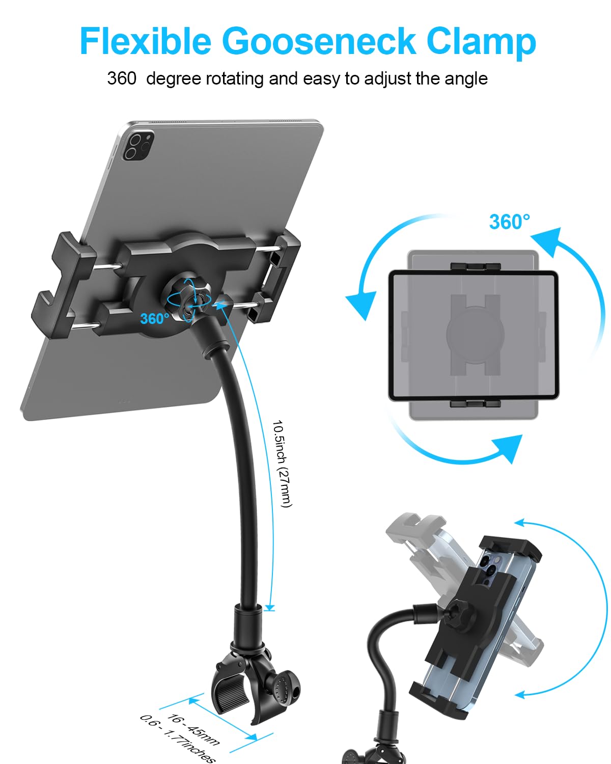 Woleyi Adjustable Gooseneck Tablet Holder for Spin Bike & Peloton - Universal Exercise Bike Handlebar Mount for iPad Pro/Air/Mini, Galaxy Tablets (4.7-13 Inch) - Perfect for Home Gym, Cycling Workouts & Treadmill Training
