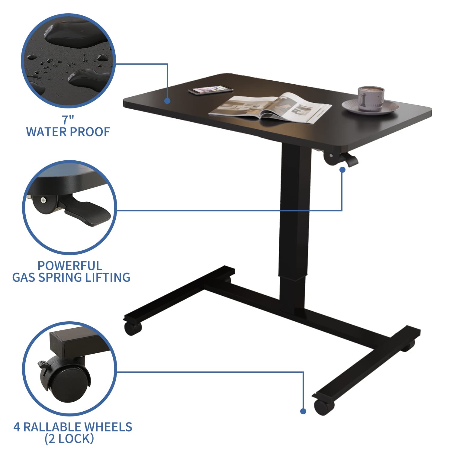 Bilbil Pneumatic Mobile Desk - Gas Spring Height Adjustable Sit to Stand Workstation with Lockable Wheels | Portable Overbed Laptop Table & Computer Cart for Home Office | Ideal for Remote Work, Gaming, and Hospital Bed Use (Black)