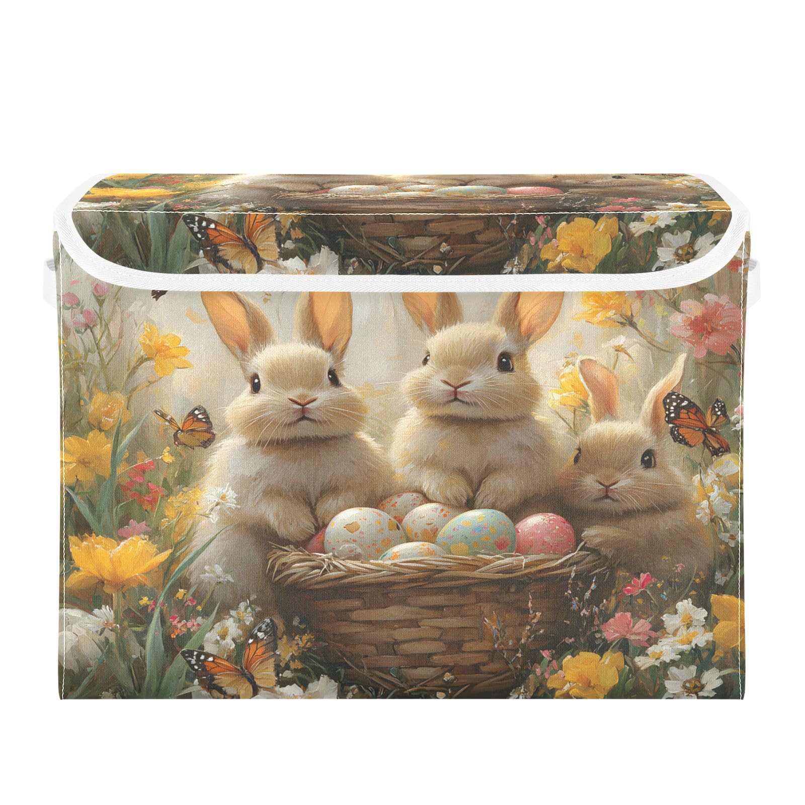 Easter Storage Baskets Collapsible with Lids - Rabbit Bunny Egg Butterfly Design Organizing Bins for Clothes, Toys & Home Decor | Perfect for Easter Decorations, Kids Room Organization & Holiday Gift Storage