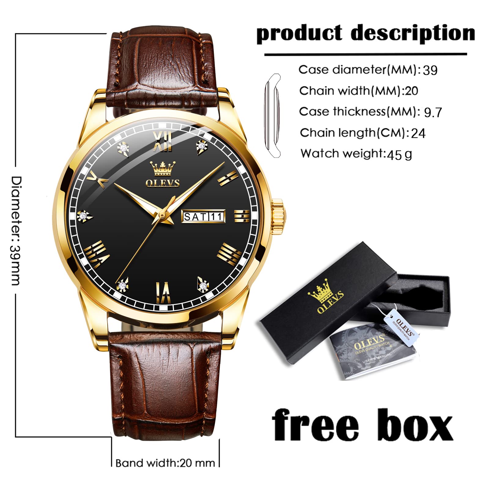 OLEVS Men's Brown Leather Watch - Rose Gold Quartz, Waterproof & Luminous for Dress & Daily Use