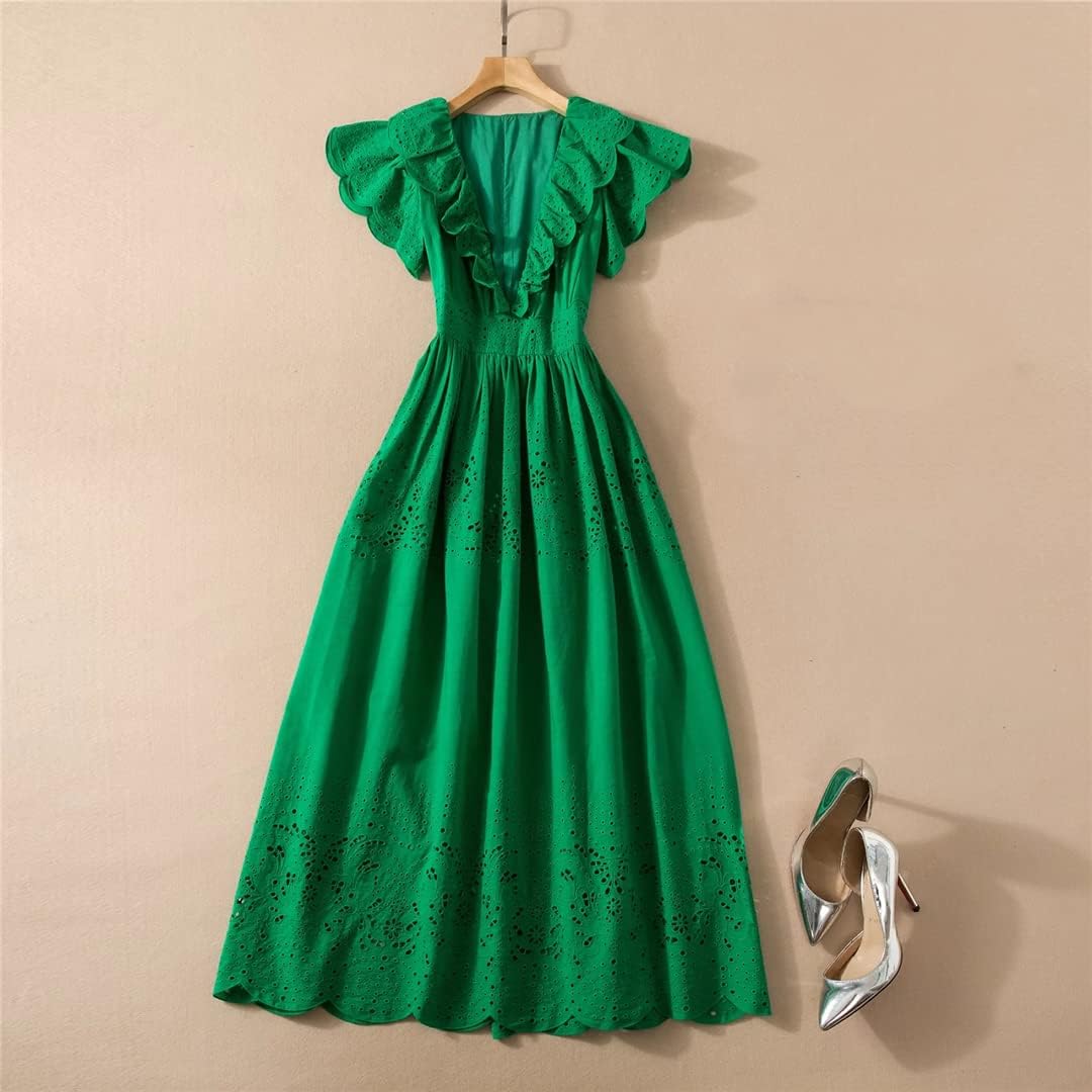 2022 Spring Summer Women's Deep V-Neck Hollow Out Sexy Long Dress - Elegant Green Designer Fashion Dress for Party, Wedding & Evening Events