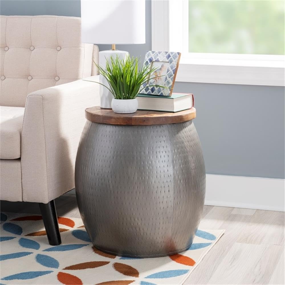Pemberly Row Modern Metal and Wood Drum Side Table with Storage in Silver - Stylish End Table for Living Room, Bedroom or Office Decor