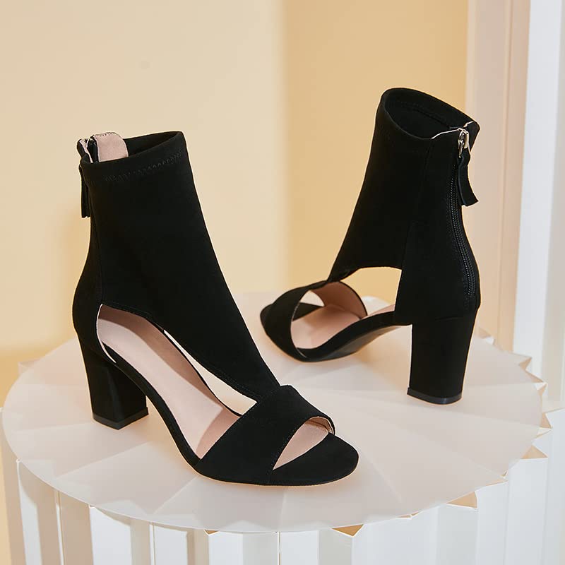 Black Suede Women's Peep Toe Booties Sandals - T-Strap Cutout Design with Back Zipper, Open Toe Chunky High Heel Pump Boots for Prom, Party & Evening Wear | Hollow Caged Wrap-Up Block Heel Dress Shoes