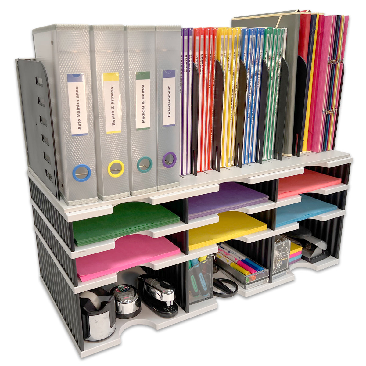 6-Tier Desktop Organizer with Storage Base & File Topper - Vertical Letter Tray Sorter for Documents, Files, Books & Binders | Maximize Workspace Efficiency for Office, Home & Study Use