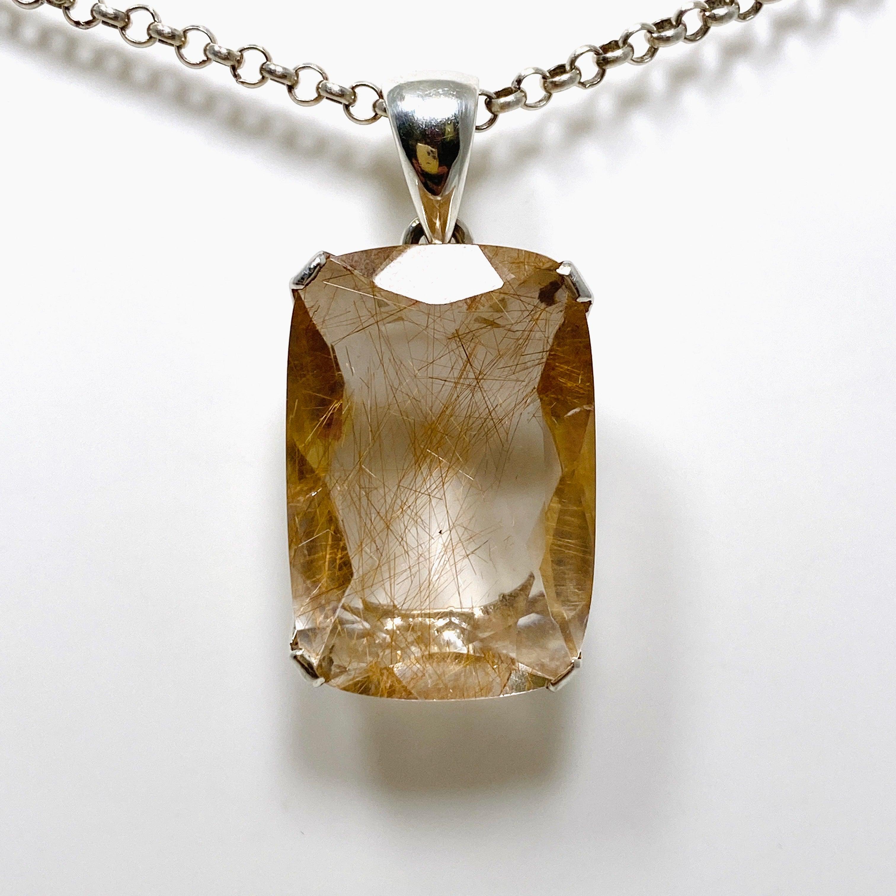 Natural Rutilated Quartz Faceted Rectangular Pendant Necklace - Elegant Crystal Jewelry for Women, Perfect for Gifts, Meditation & Spiritual Healing