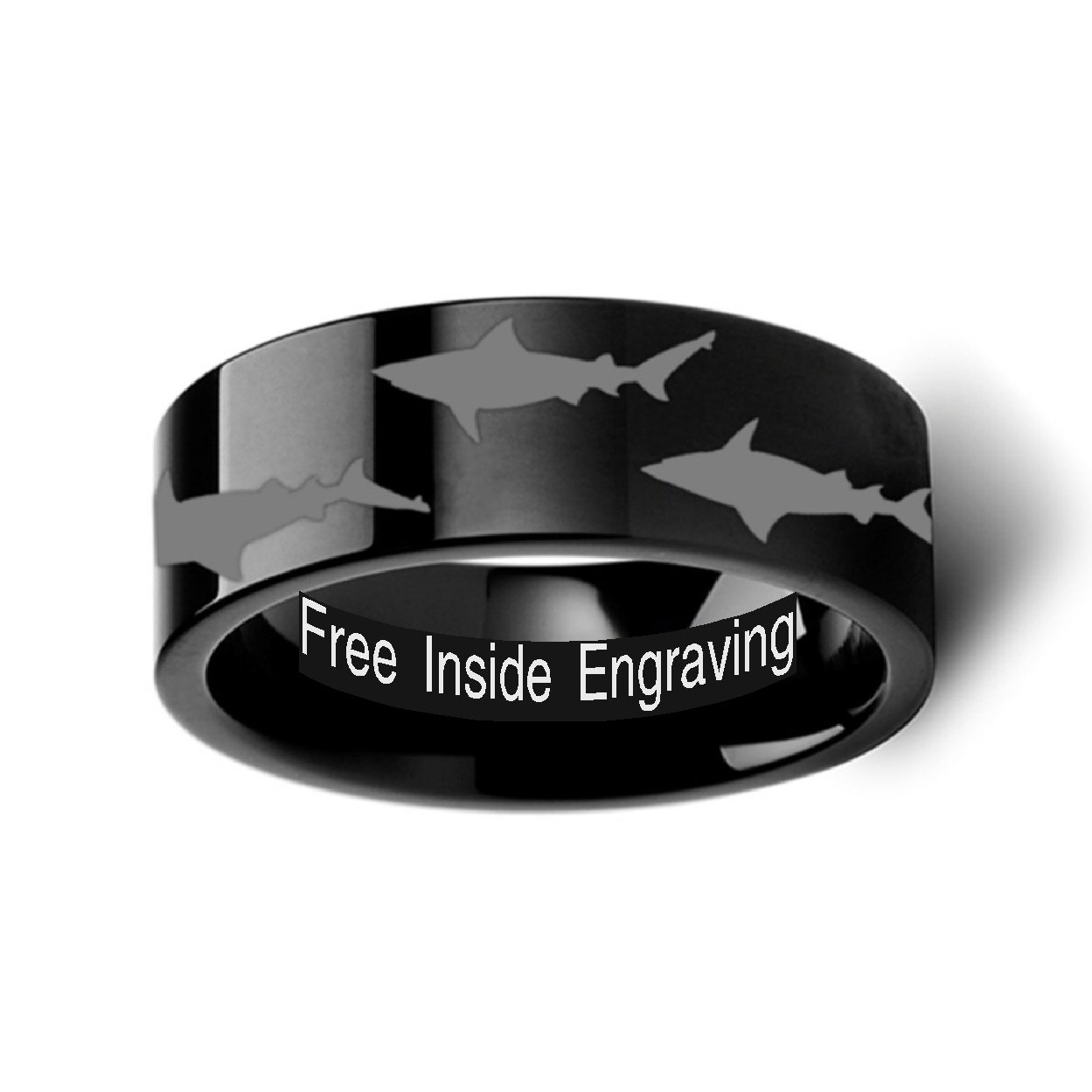 SEA LIFE Shark Predator Fish Sea Print Pattern Tungsten Wedding Band - 12mm Wide Black Tungsten Ring with Custom Engraving - Perfect for Men's Wedding, Anniversary Gift & Ocean Lover Jewelry