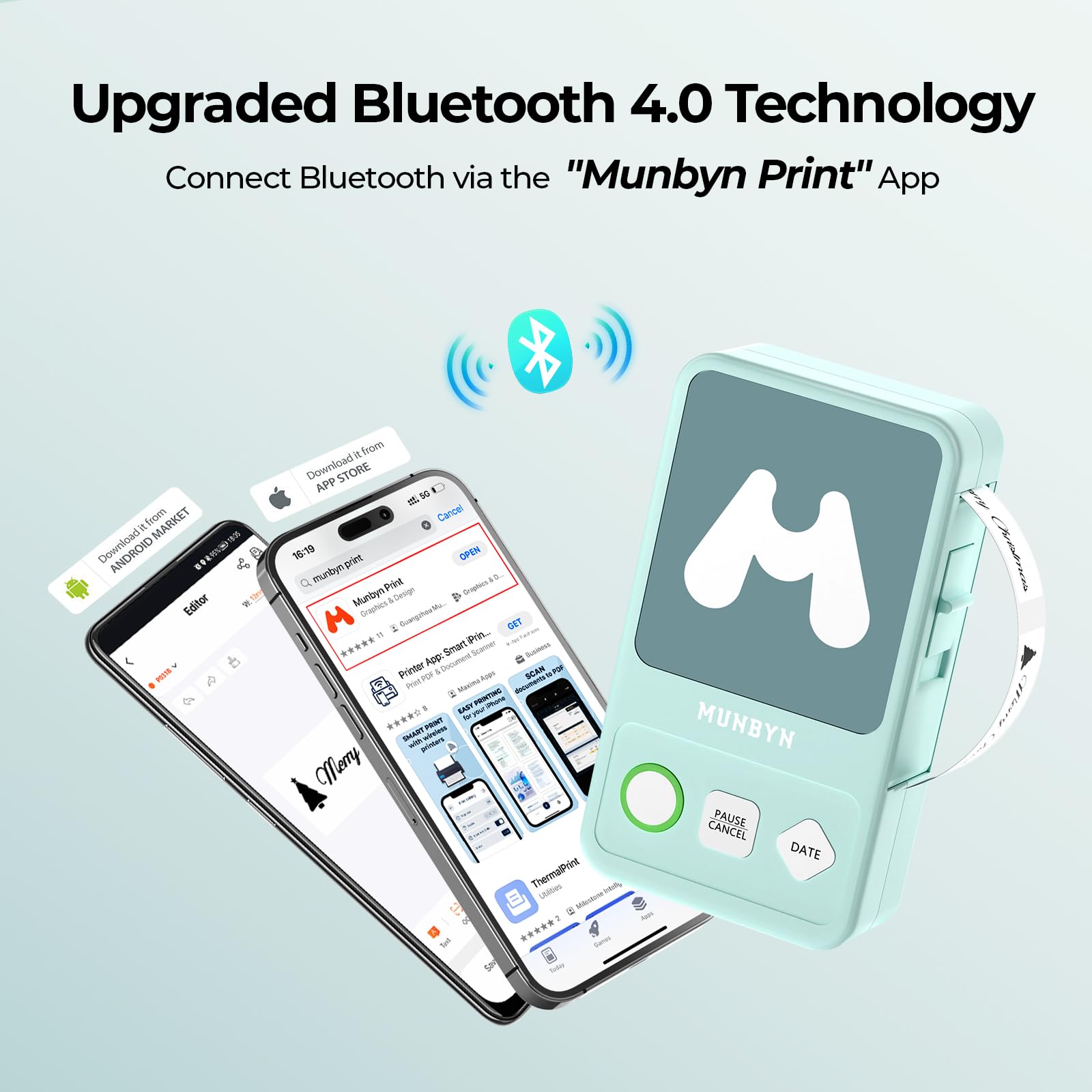 MUNBYN FM520 Bluetooth Label Printer with Tape - Portable Label Maker for Office, Home & Storage, One-Click Date Printing (Green) | Perfect for Organizing Files, Pantry & Craft Supplies