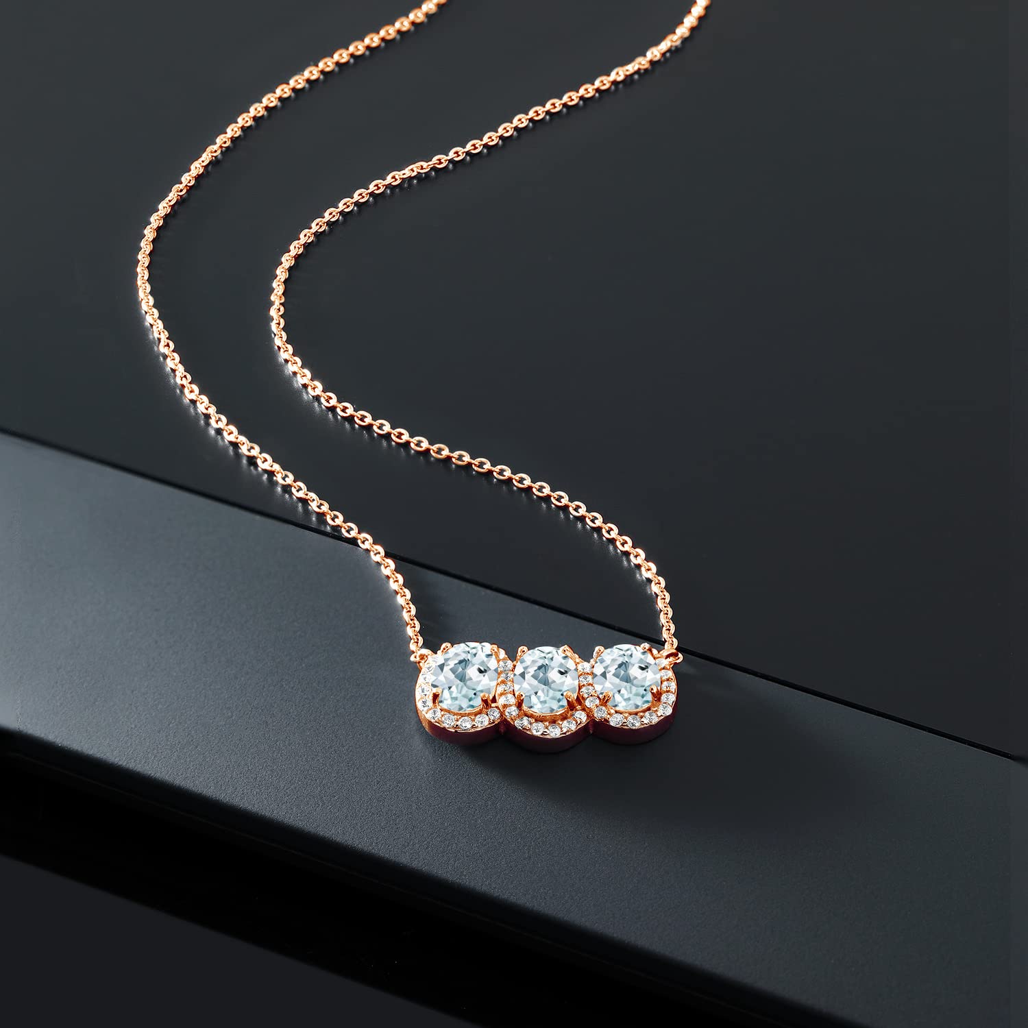 Gem Stone King 18K Rose Gold Plated Sterling Silver Birthstone Necklace for Women | 3 Stone Oval Pendant (7x5mm) with 18