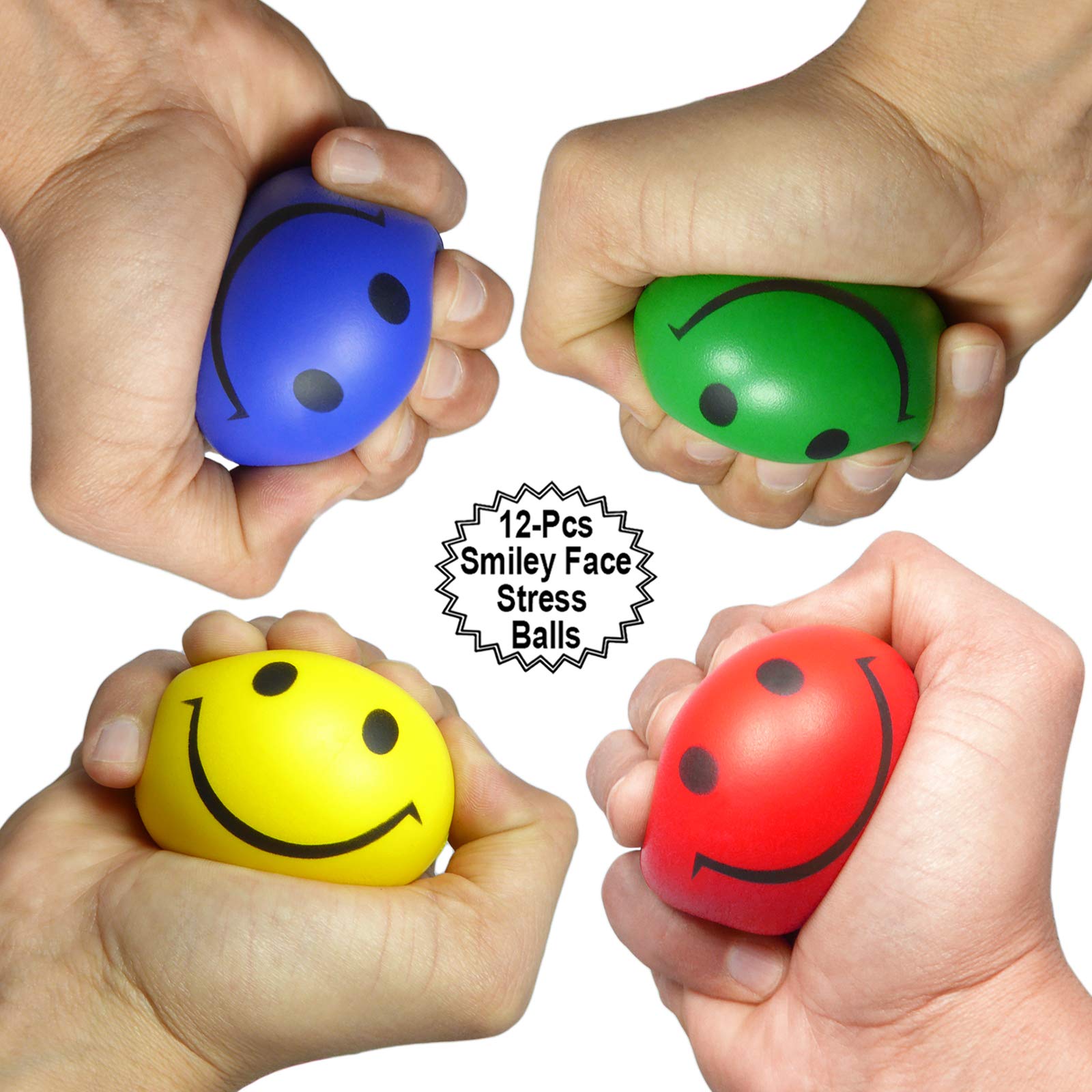 12 Pack Happy Face Stress Balls - 2.5 Inch Colorful Therapy Squeeze Balls with Smile Design for Anxiety Relief, Office Desk Toys & Party Favors - Perfect for Goodie Bags, Classrooms and Stress Management