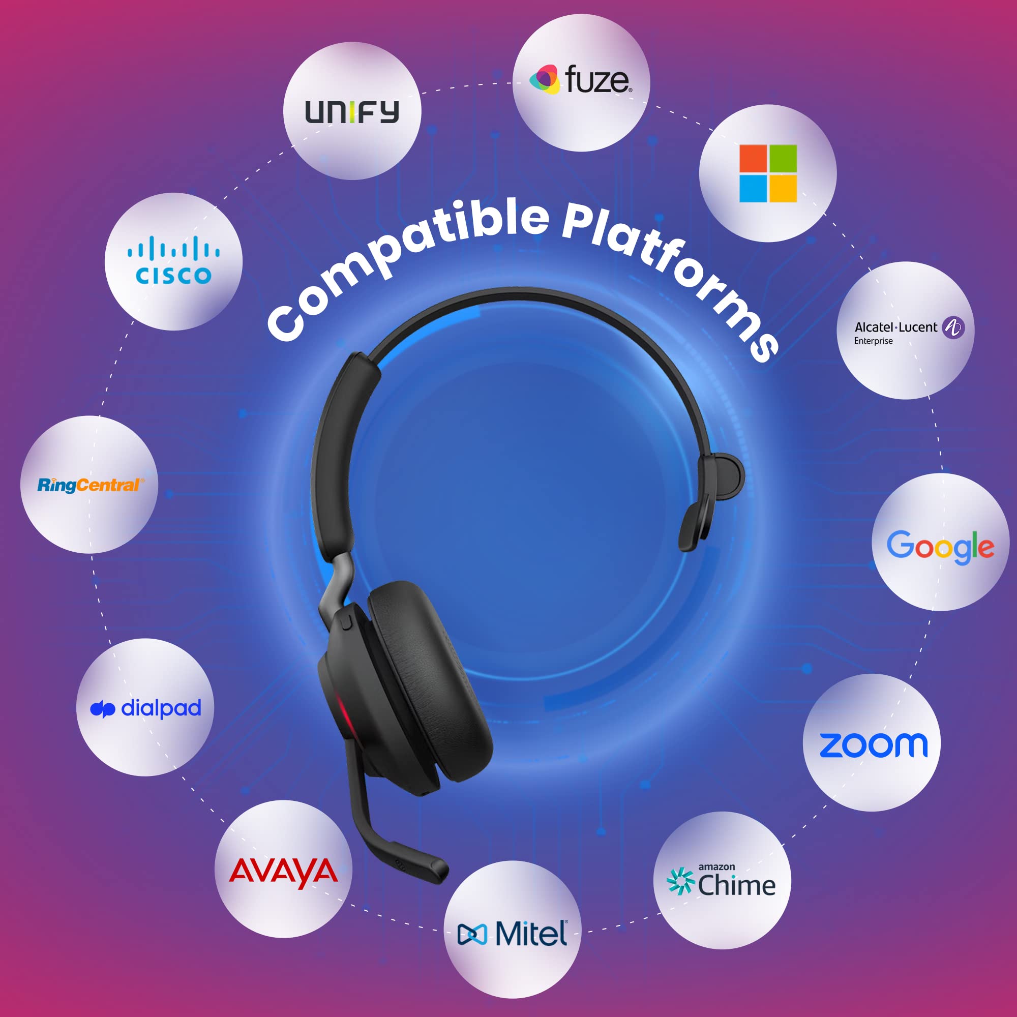 Jabra Evolve2 65 Wireless Bluetooth Headset with Charging Stand - Noise Cancelling Office Headphones for Teams, Zoom, PC & Mobile Calls - Includes USB Dongle & Global Tech Support - Perfect for Remote Work, Video Meetings & Business Communication
