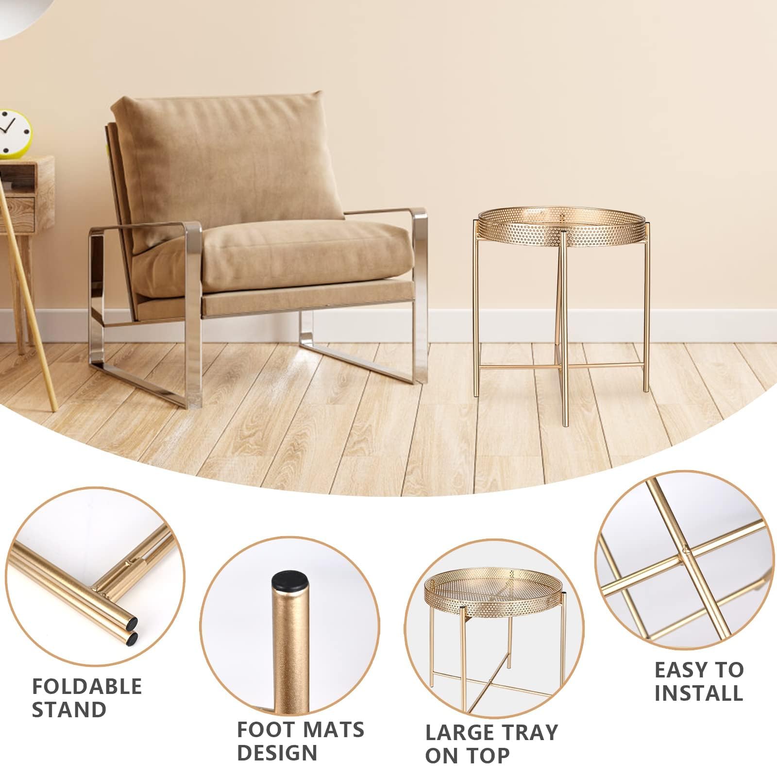 Modern Gold Round Side Table - Metal Small Nightstand with Removable Tray Top, Contemporary Accent Table for Living Room, Bedroom, Nursery & Balcony - Perfect for Coffee Storage, Bedside Organization & Home Decor