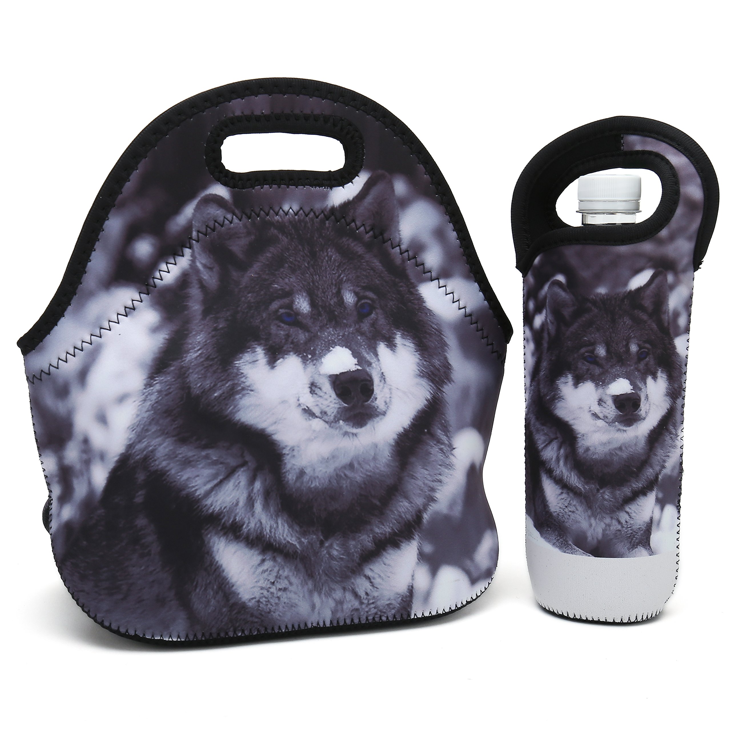 Premium Neoprene Insulated Lunch Bag for Women, Men & Kids - Thick Thermal Lunch Box with Water Bottle Holder - Lightweight & Durable for Travel, Picnic, School, Office - Perfect for Keeping Meals Fresh at Work, Outdoor Adventures or Daily Commute (Snow Wolf)
