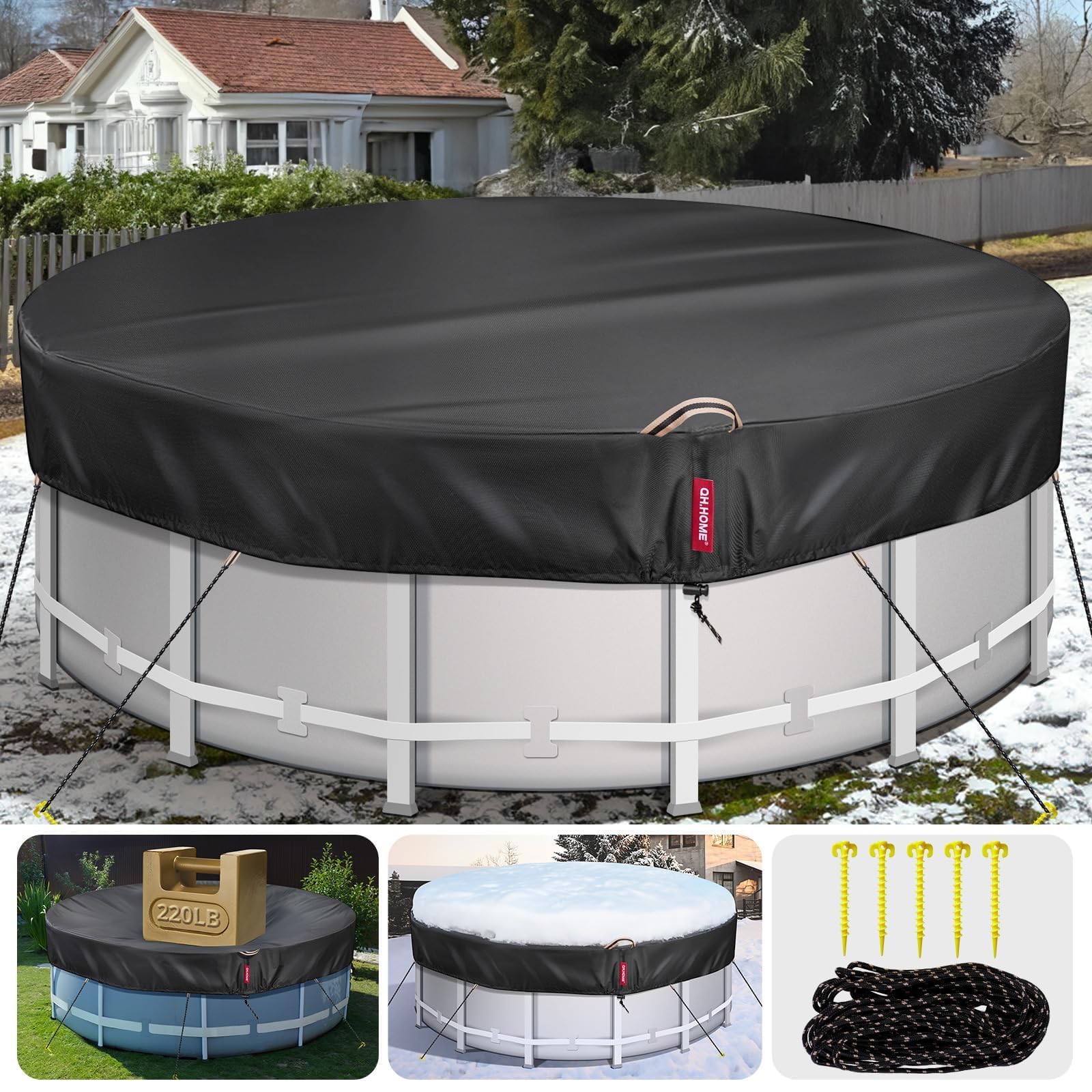 QH.HOME 24Ft Round Winter Pool Cover for Above Ground Pools - Heavy Duty 634N Tear Resistant & 500D Dense Fabric - Solar Swimming Pool Cover with Fade & Wind Protection - Black - Perfect for Winter Protection and Energy Savings