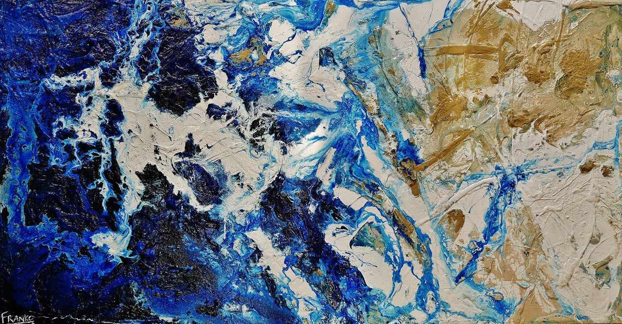 Inked Atoll 190cm x 100cm Cream Blue Textured Abstract Canvas Art Painting - Modern Wall Decor for Living Room, Bedroom, Office