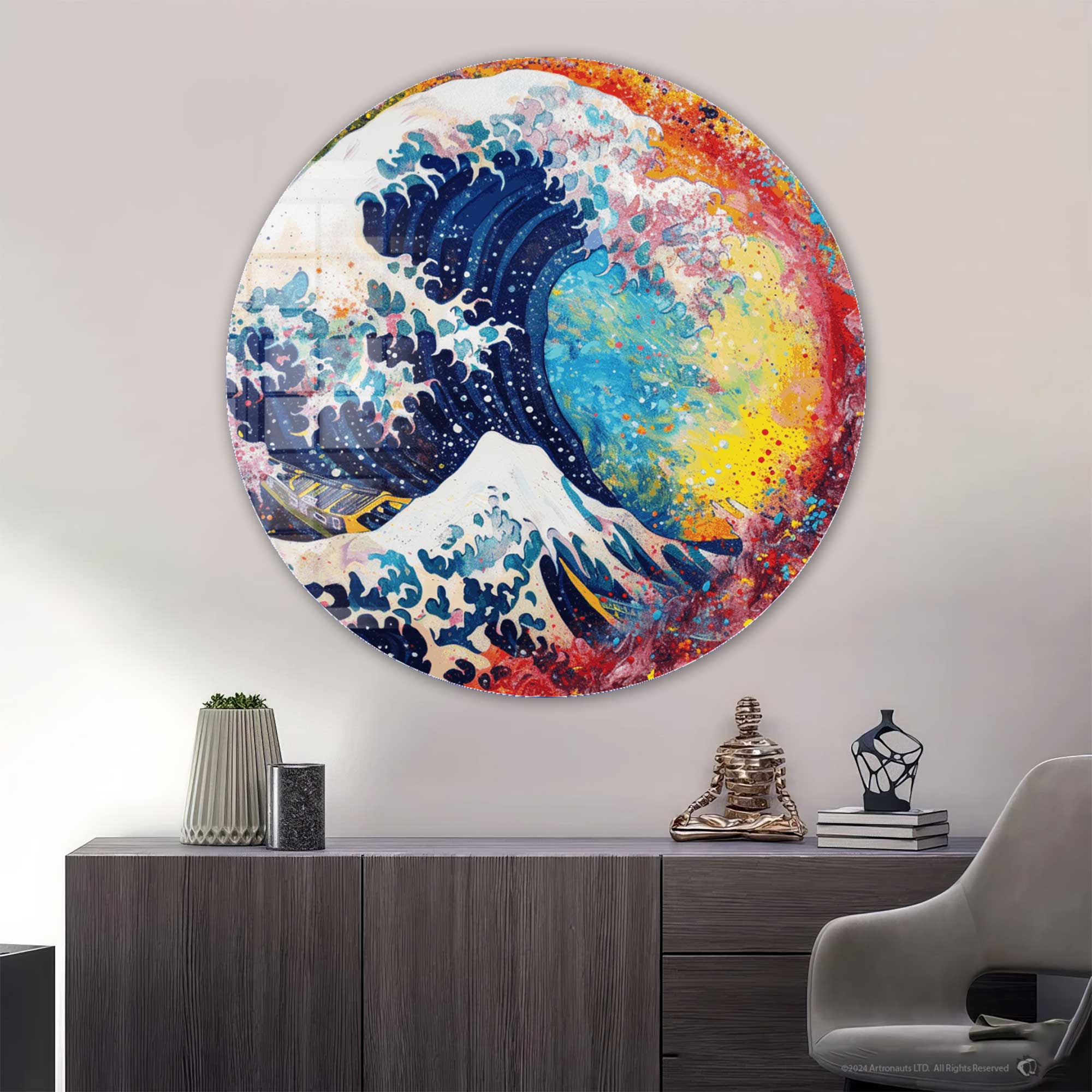 Kanagawa Rainbow Rounded Glass Wall Art - Japanese Wave Decor for Living Room, Bedroom & Office - Modern Home Decor & Unique Gift Idea