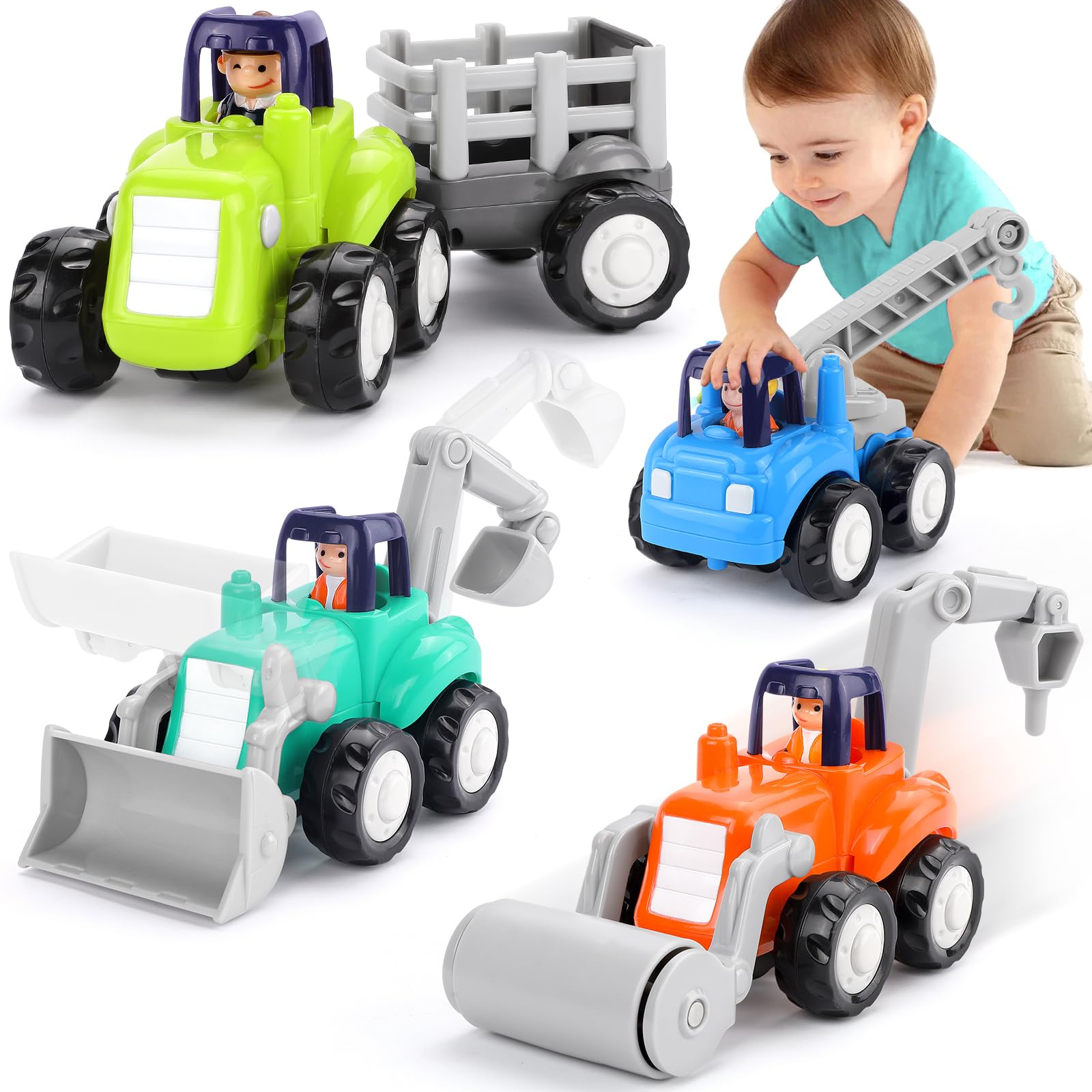 **Best Toy Cars for 1 Year Old Boys - 4PCS Inertia Push & Go Trucks, Construction Vehicles for Toddlers 12-18 Months | Early Learning Baby Toys & Gift Ideas for Birthdays & Playtime**