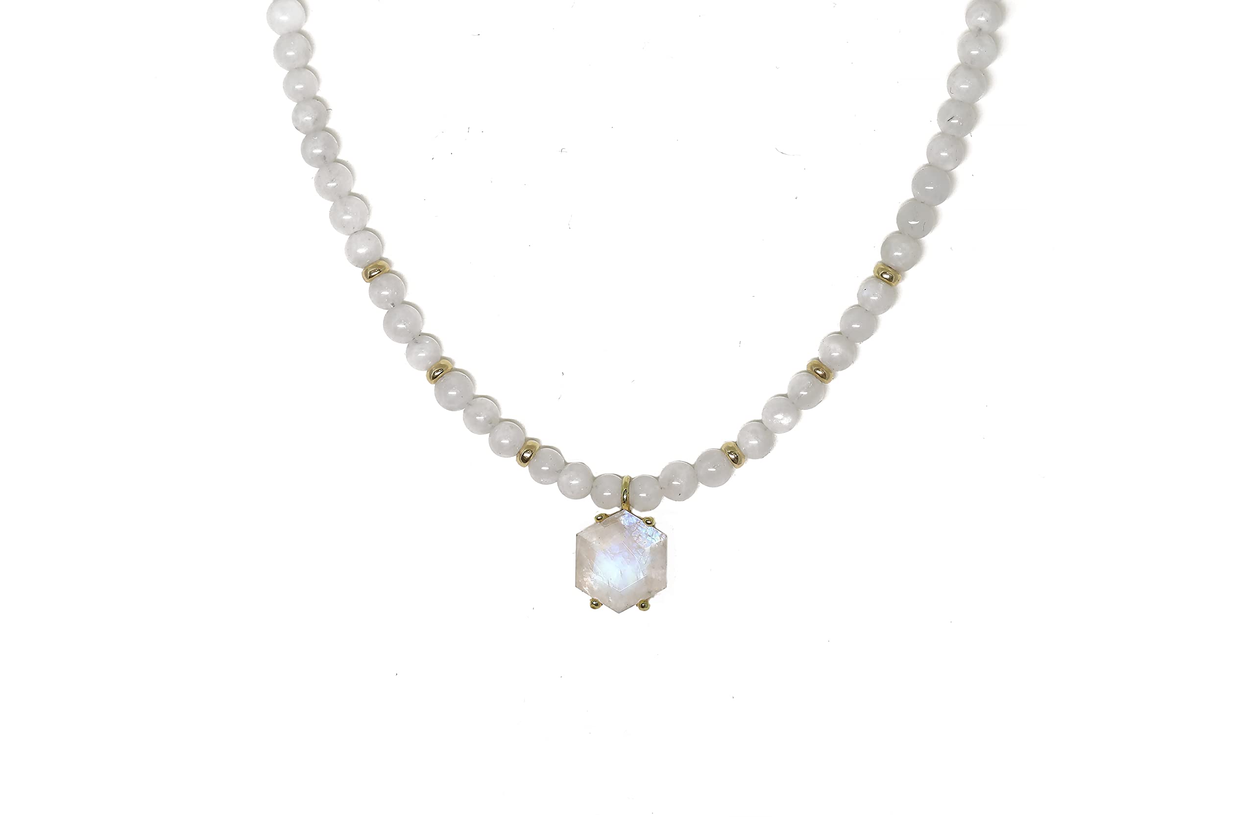 Rainbow Moonstone Hexagon Pendant Beaded Necklace - June Birthstone Jewelry for Women - Handmade Gemstone Necklace for Everyday Wear, Gift Giving & Spiritual Healing