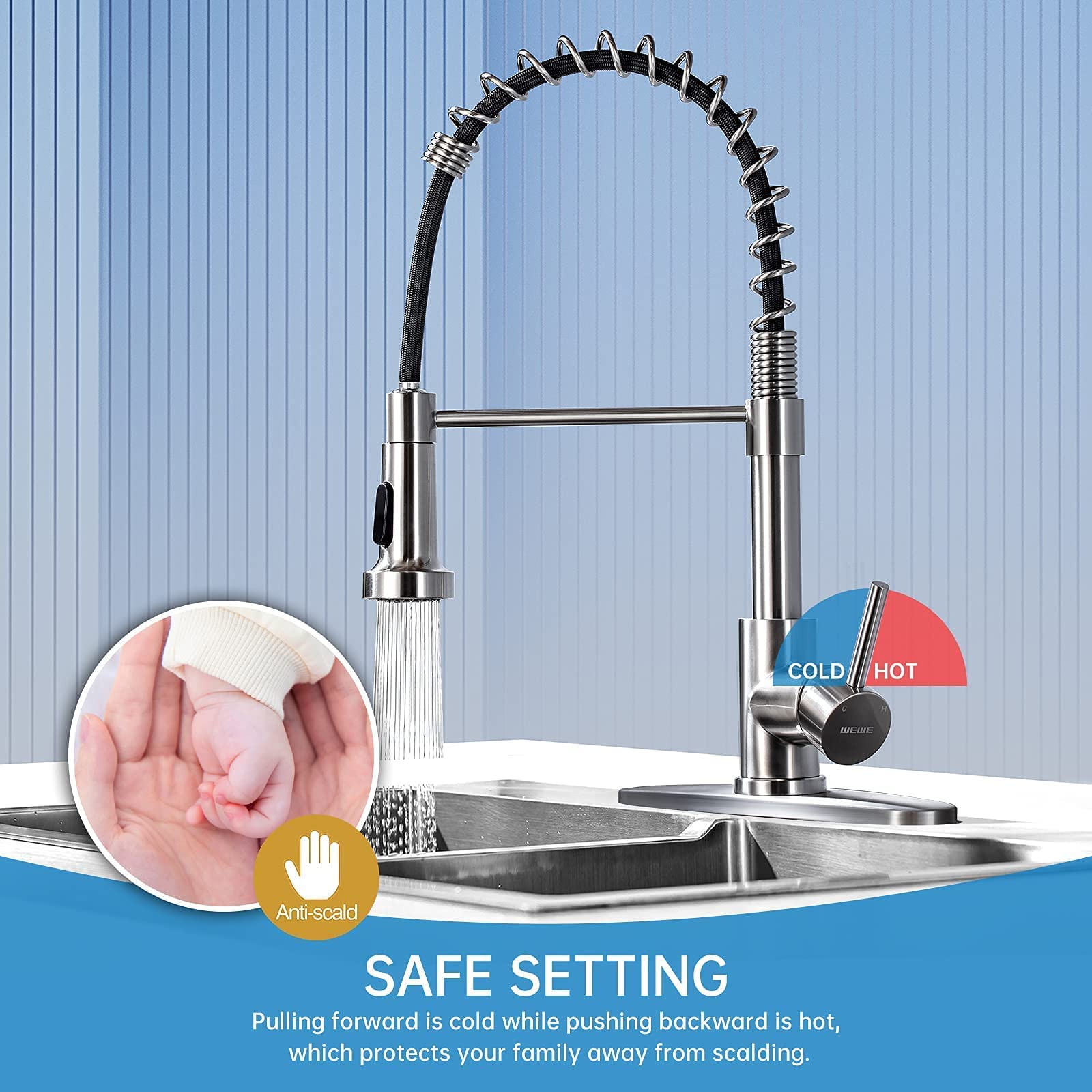 WEWE Stainless Steel Single Handle Pull Down Sprayer Kitchen Faucet - Brushed Nickel Commercial Farmhouse Sink Faucet with Deck Plate for Laundry & Industrial Use | Perfect for Modern Kitchens & Heavy-Duty Cleaning