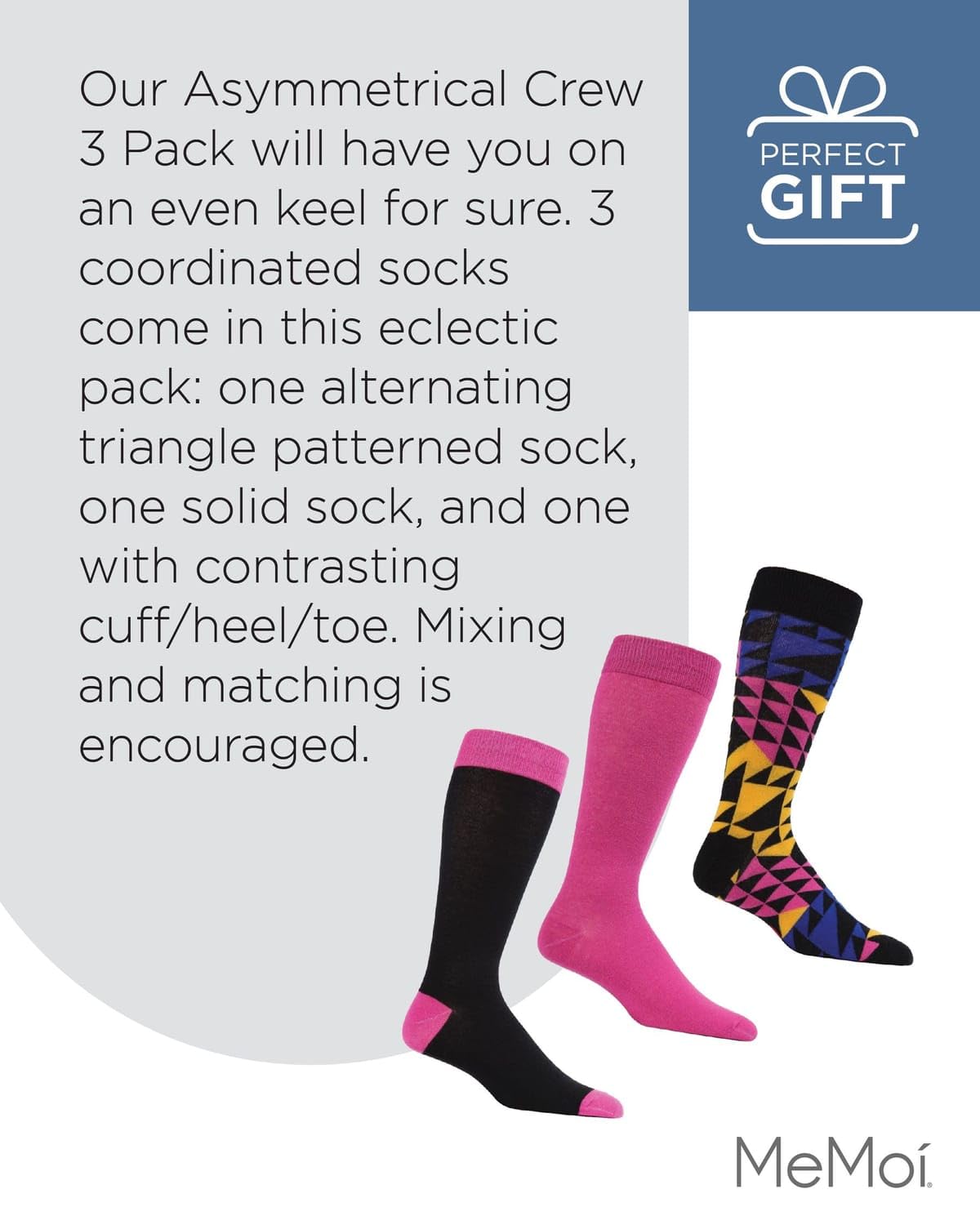 MeMoi Men's 3-Pack Asymmetrical Cotton Blend Crew Socks - Comfortable Casual & Athletic Socks for Everyday Wear, Gym, Work & Outdoor Activities