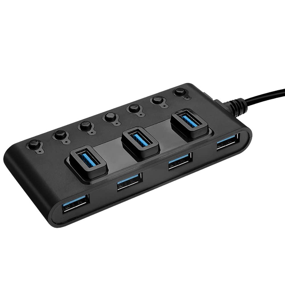 Vervmczn 7-Port USB 3.0 Hub Adapter with Individual Switches - High-Speed Portable USB Splitter for Laptop, PC, and Computer - Ideal for Home Office, Gaming, and Multi-Device Charging