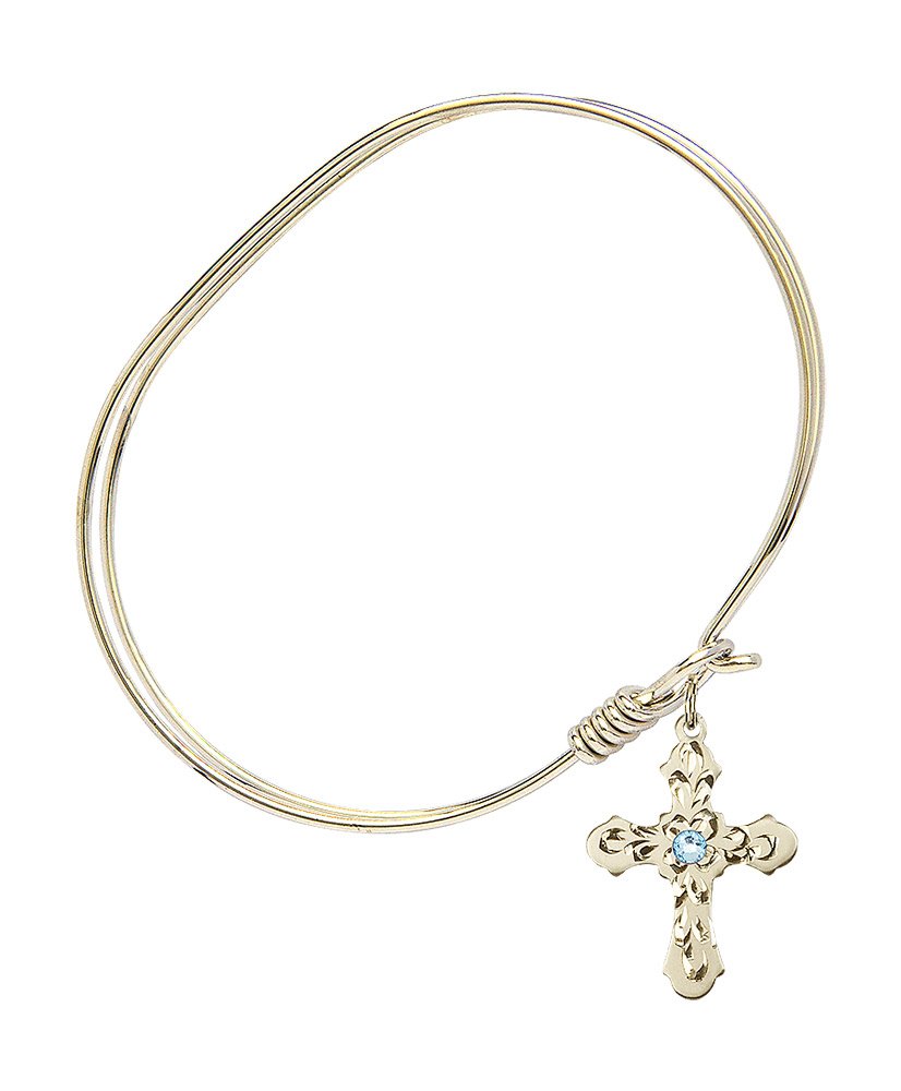 7 Inch Oval Eye Hook Bangle Bracelet with Cross Medal Charm & March Blue Crystal - Elegant Jewelry for Women, Perfect for Church, Weddings, and Special Occasions