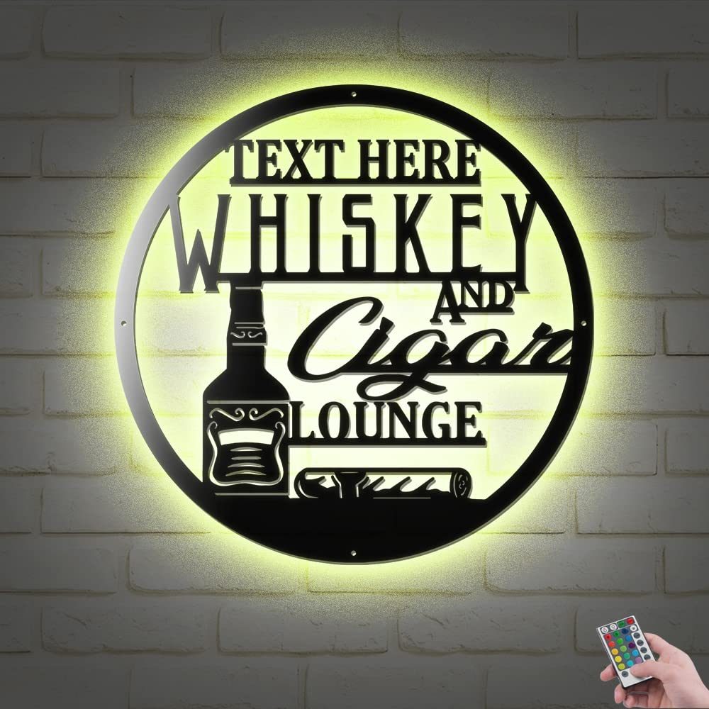Personalized Whiskey & Cigar Lounge LED Metal Wall Art - Custom Bar Name Sign with Lights (24x24 Inches) - Perfect for Home Bar Decor, Man Cave, and Smoking Room Ambiance