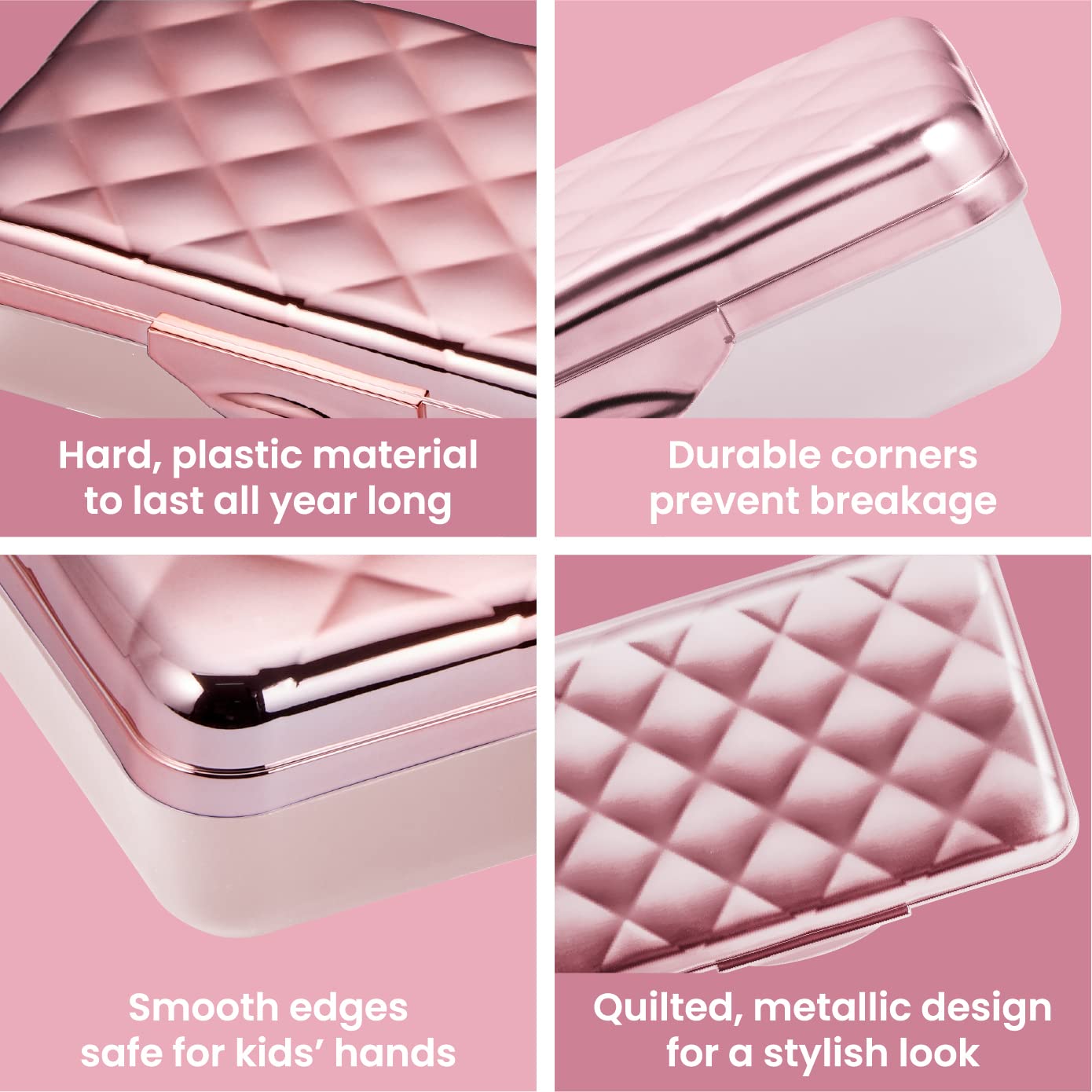 Durable Hard Plastic Pencil Case with Latch & Quilted Metallic Design - Rose Gold Pencil Box Holder for School, Office & Travel (Fits Pens, Markers, Crayons & Art Supplies)