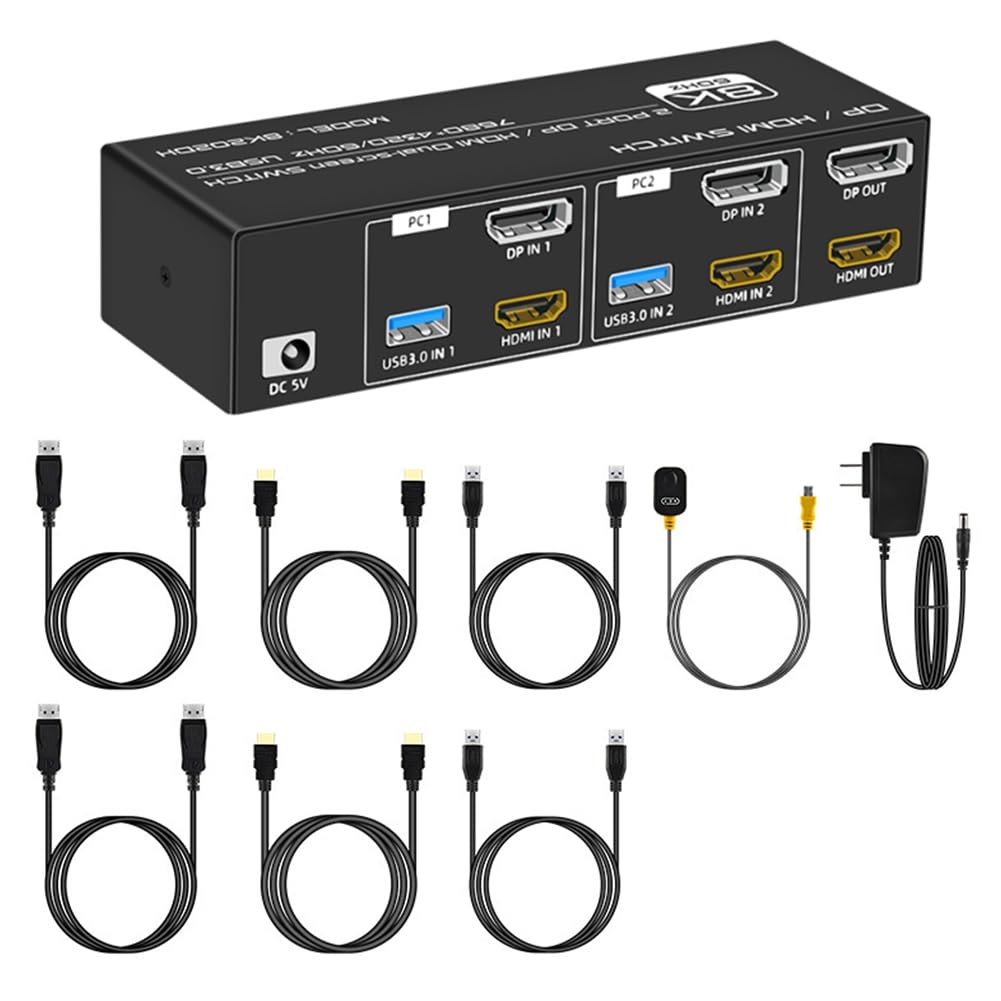 8K 60Hz DP/HDMI KVM Switch USB 3.0 - Dual Monitor 2 Computer KVM Switch for Mouse Keyboard & Display Sharing - Perfect for Home Office, Gaming Setup & Multi-PC Workstations (UK Plug)