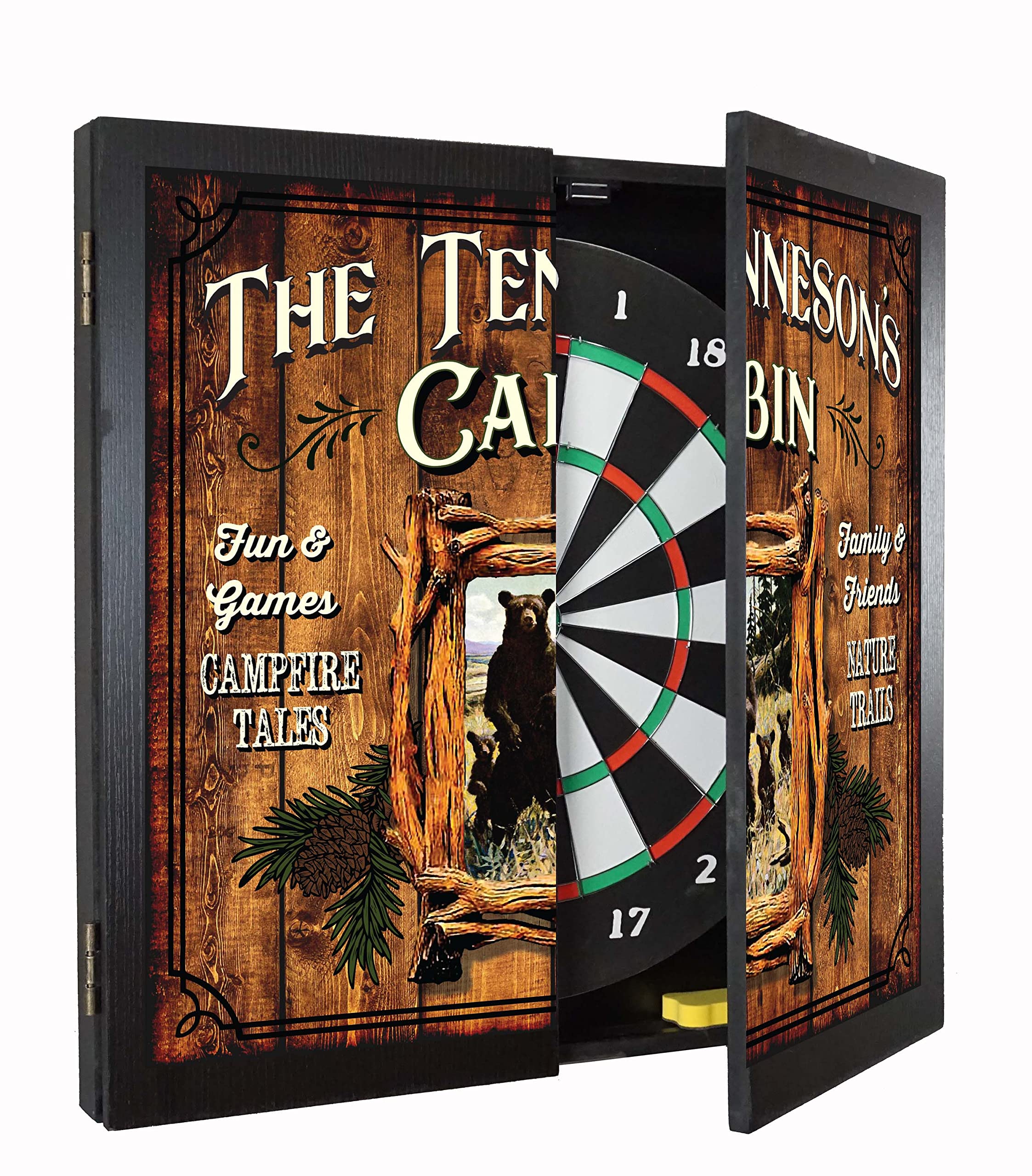 THOUSAND OAKS BARREL CO. Personalized Dartboard Cabinet Set with 6 Steel Tip Darts - Professional Bristle Dart Board for Adults - Includes Eraser & Chalk Scoreboard - Perfect for Game Rooms, Bars, and Home Entertainment