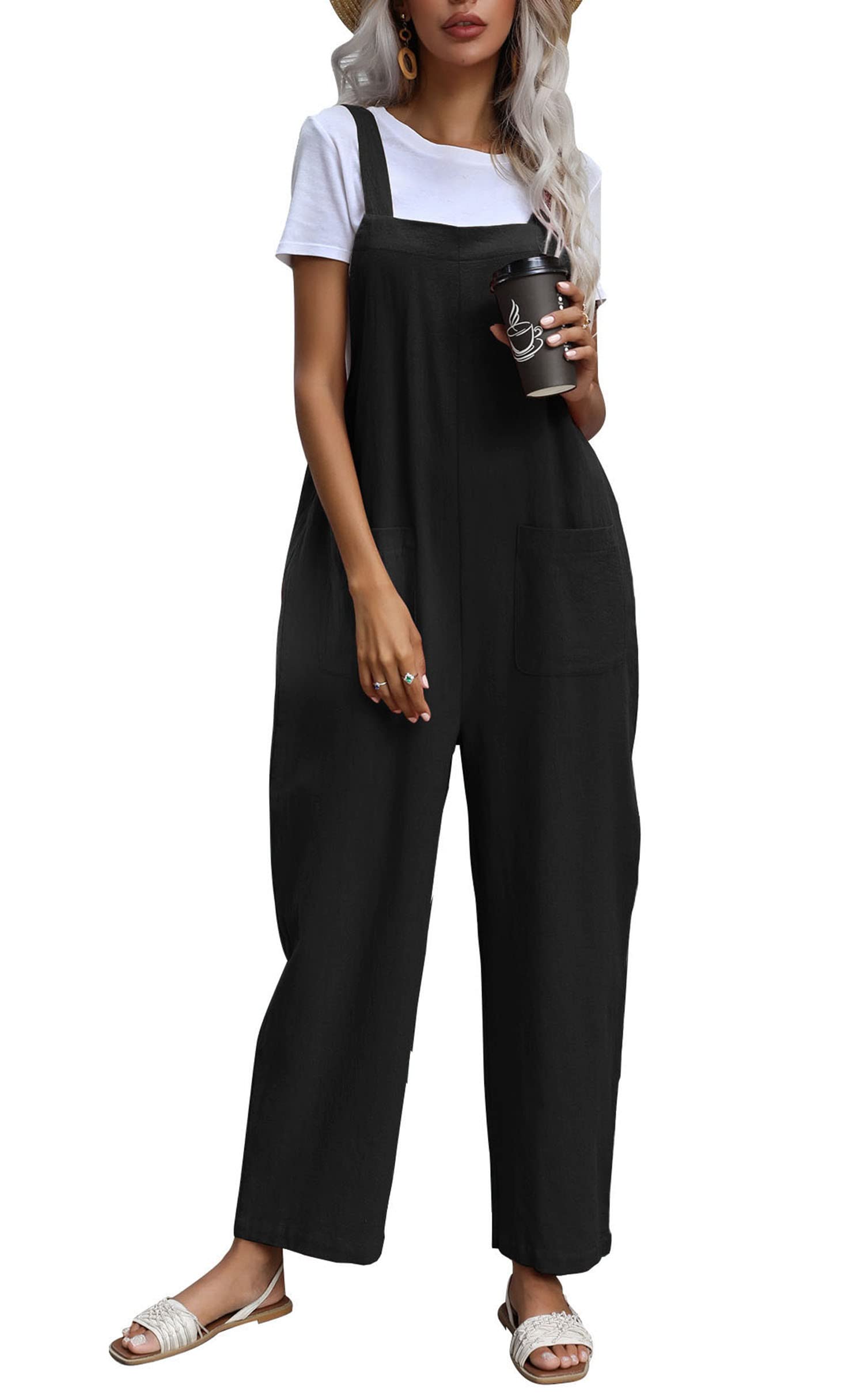 Women's Wide Leg Jumpsuit - Sleeveless Suspender Overalls with Pockets | Loose Baggy Romper | Button Palazzo Pants for Casual Wear, Summer Outfits & Street Style Fashion