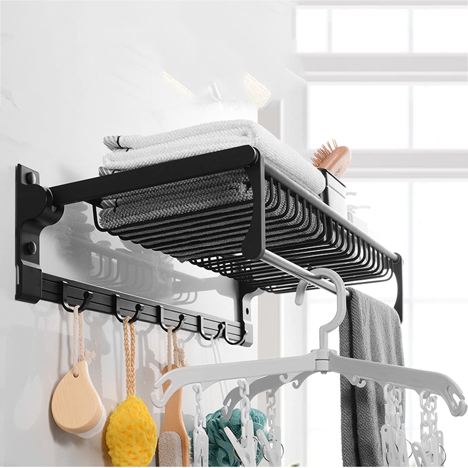 **Space-Saving Aluminum Foldable Wall Mounted Towel Rack with 5 Hooks - Double Towel Holder for Bathroom, Kitchen, Living Room & Outdoor (50cm) - Perfect for Small Spaces & Organizing Hand Towels, Robes & Accessories**