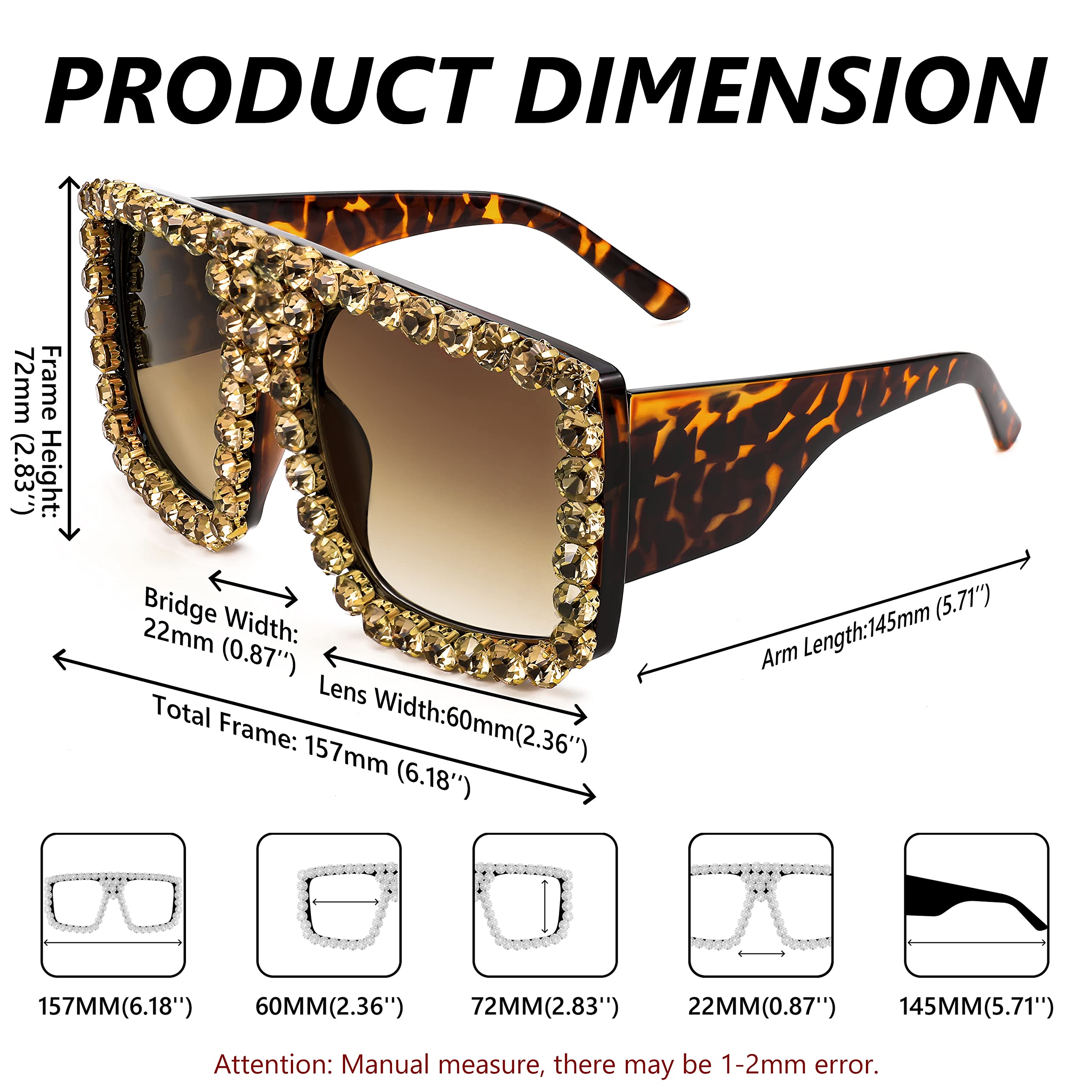 FEISEDY Women's Square Diamond Sunglasses - Retro Fashion Shiny Rhinestone Sun Glasses for Women - Perfect for Beach, Party & Summer Outdoor Activities
