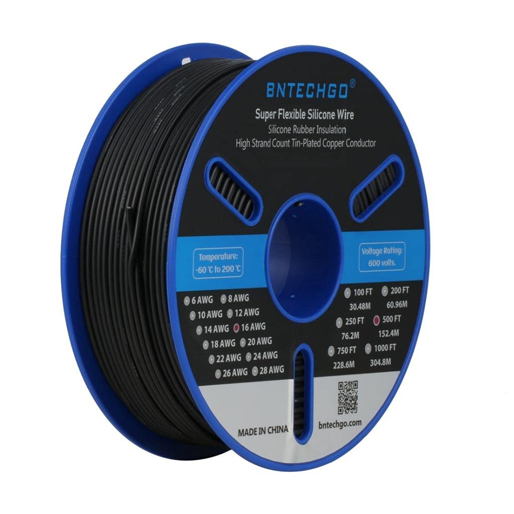 BNTECHGO 16 AWG Silicone Wire Spool 500 ft - Black Flexible Stranded Tinned Copper Wire for DIY Electronics, RC Models, and Automotive Wiring