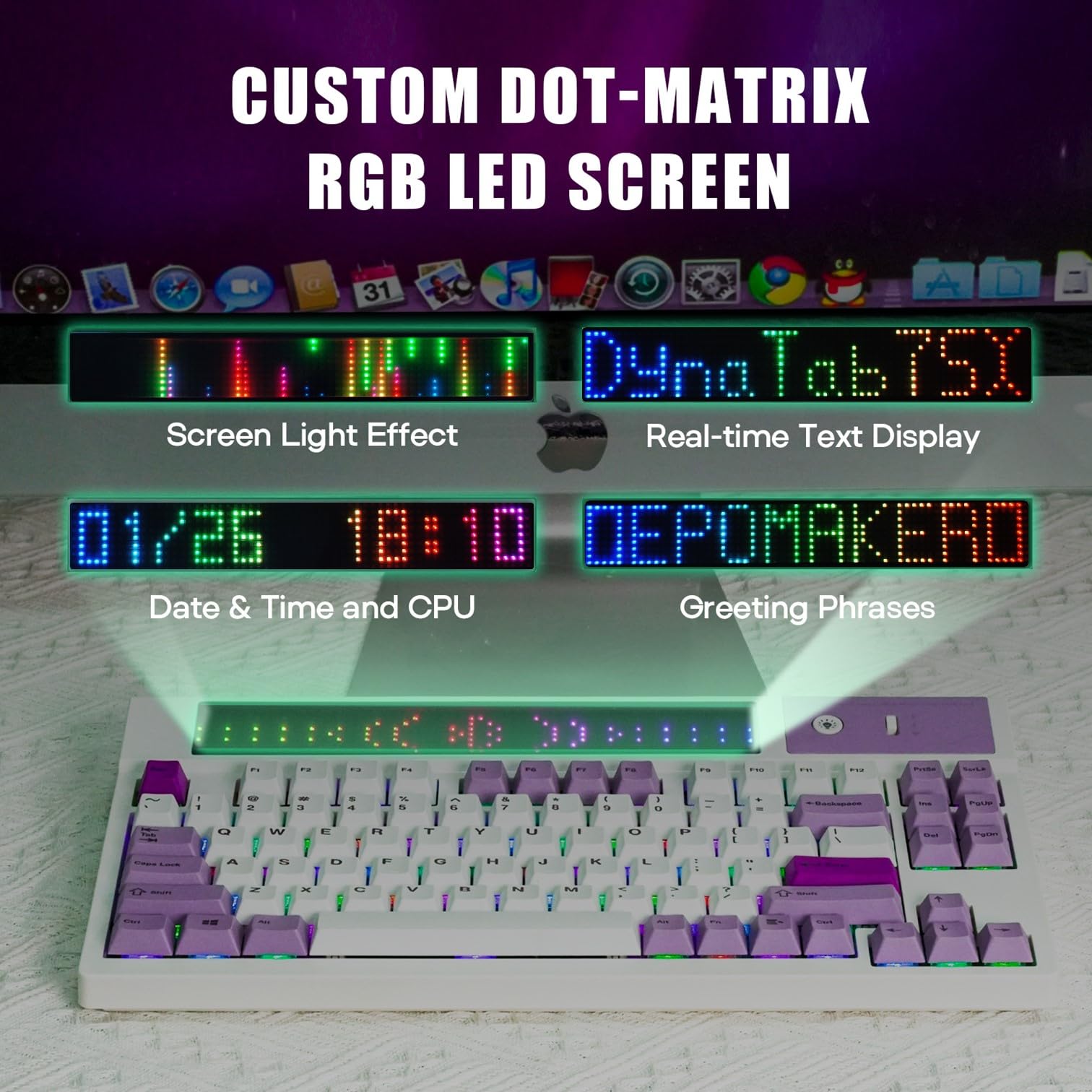 EPOMAKER DynaTab 75X Wireless Mechanical Gaming Keyboard - Custom Dot-Matrix RGB LED Screen, Gasket-Mounted Design, Bluetooth/2.4G/USB-C Connectivity (White Purple, Sea Salt Silent Switch) - Perfect for PC Gaming, Office Work & Typing Enthusiasts