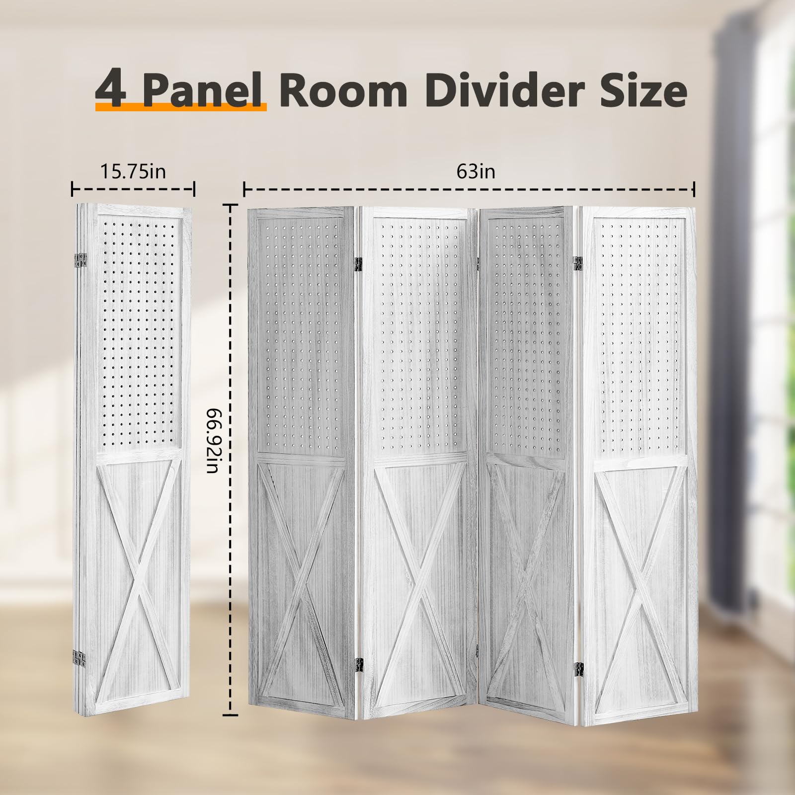 4 Panel Wooden Room Divider Screen - 5.6Ft Folding Privacy Partition with Pegboard Display | Freestanding Trade Show Booth, Craft Fair Display & Home Wall Organizer | Perfect for Room Separation, Retail Displays & Home Decor (Retro White)