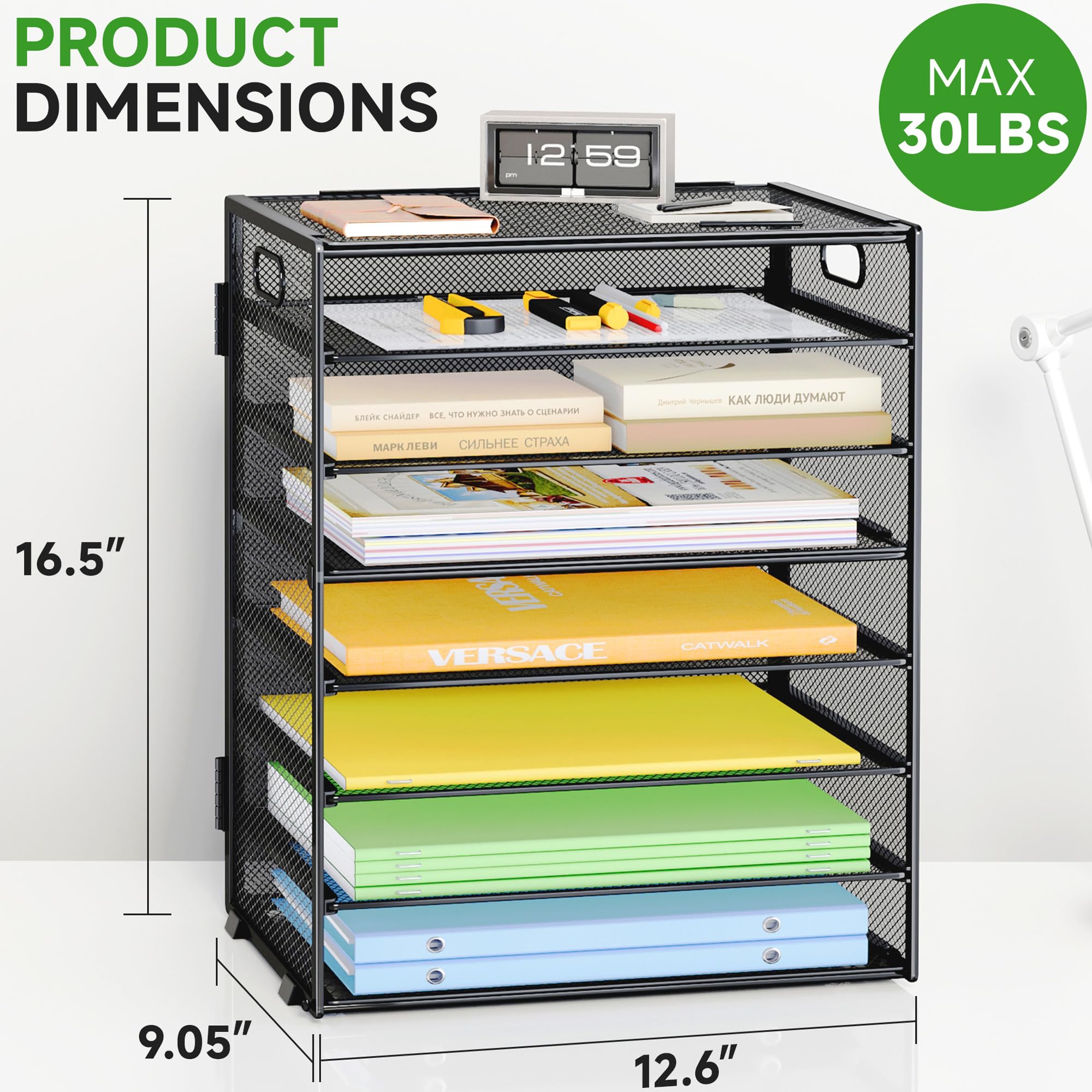 8-Tier Metal Mesh Desk File Organizer with Handle - Large Capacity Paper Letter Tray & Document Sorter for Office, Home or School - Black | Perfect for Organizing Bills, Mail, Files & Office Supplies on Desk or Countertop