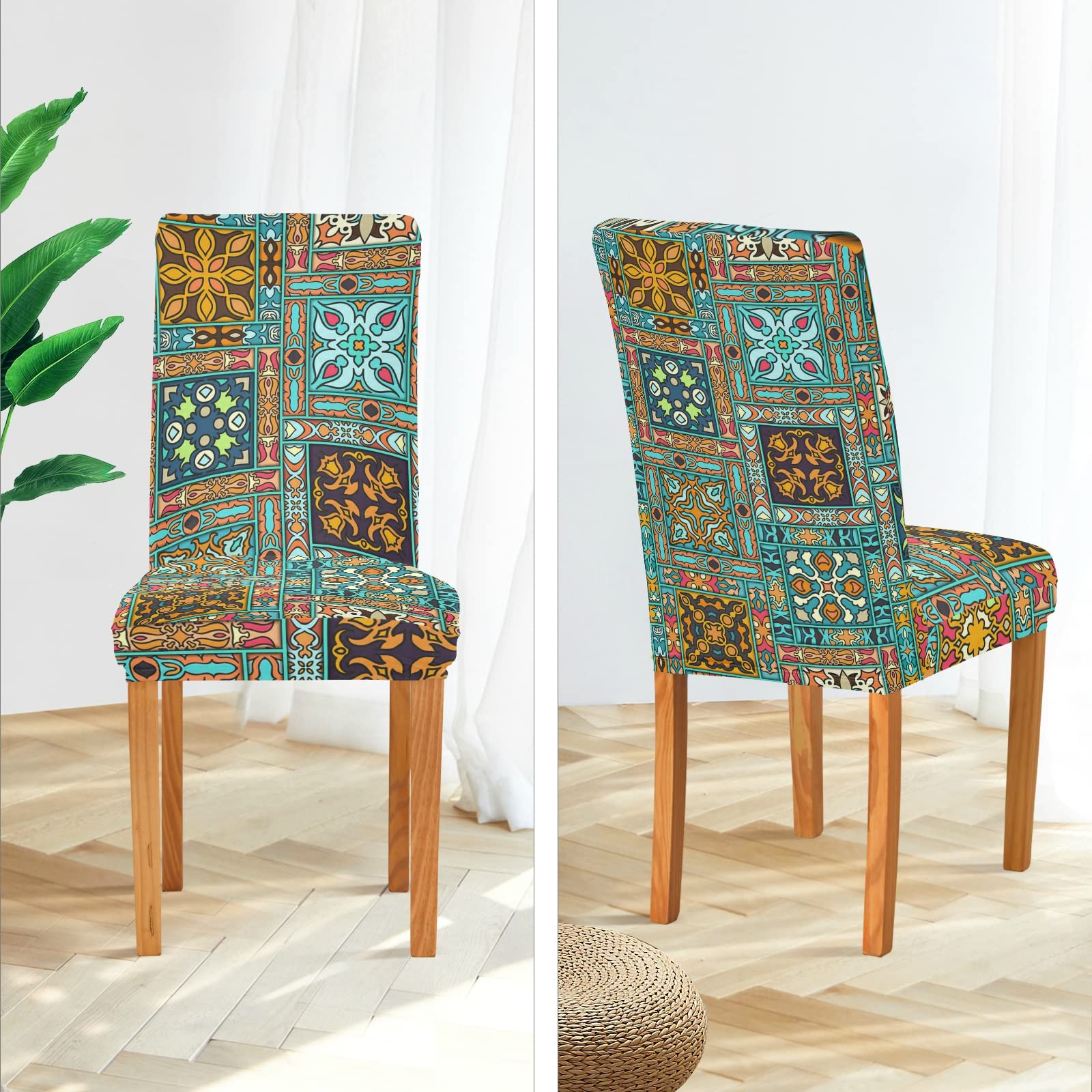 Floral Mandala Dining Chair Covers Set of 2 - Washable & Stretchable Slipcovers for Dining Chairs - Perfect for Dining Room, Wedding Ceremony, Holiday Party & Office Decor