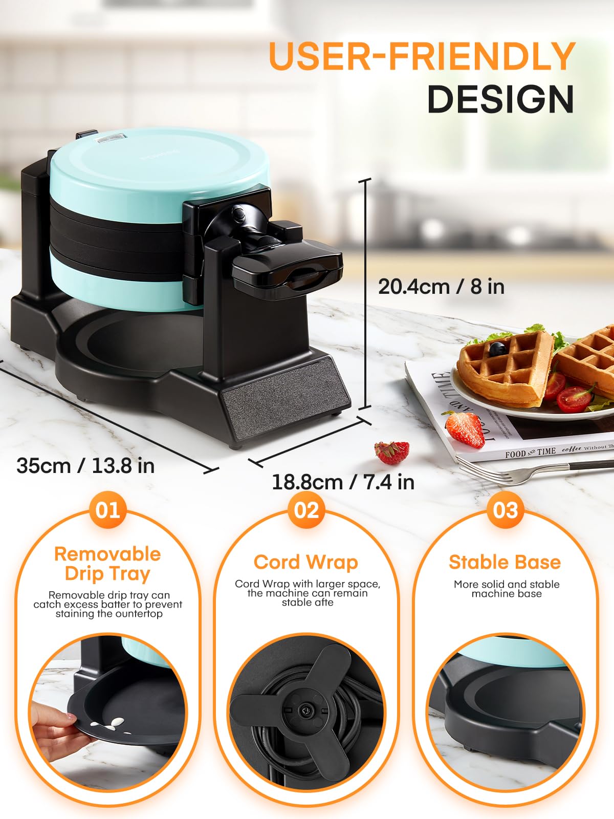 **1400W Double Belgian Waffle Maker – 180° Flip, Nonstick & Rotating Plates, Makes 8 Slices in 3 Mins – Anti-Scald, Cool Touch Handle, Removable Drip Tray – Easy to Clean & Space-Saving (Mint Blue) – Perfect for Breakfast, Brunch & Family Gatherings**