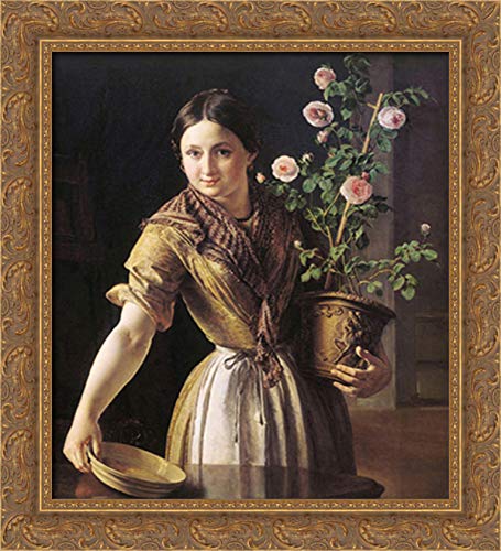 Vasily Tropinin 'A Girl With A Pot Of Roses' 20x22 Inch Gold Ornate Wood Framed Canvas Art - Classic Oil Painting Reproduction for Living Room, Bedroom & Office Decor