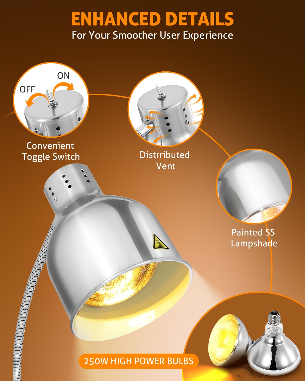 Commercial Food Warmer Lamp 250W - Restaurant Kitchen Buffet Heat Lamp for Food Heating & Preservation - Single Head Food Heat Lamps for Catering, Home Use, Buffets & Food Service - Perfect for Keeping Dishes Warm in Restaurants, Cafeterias & Events
