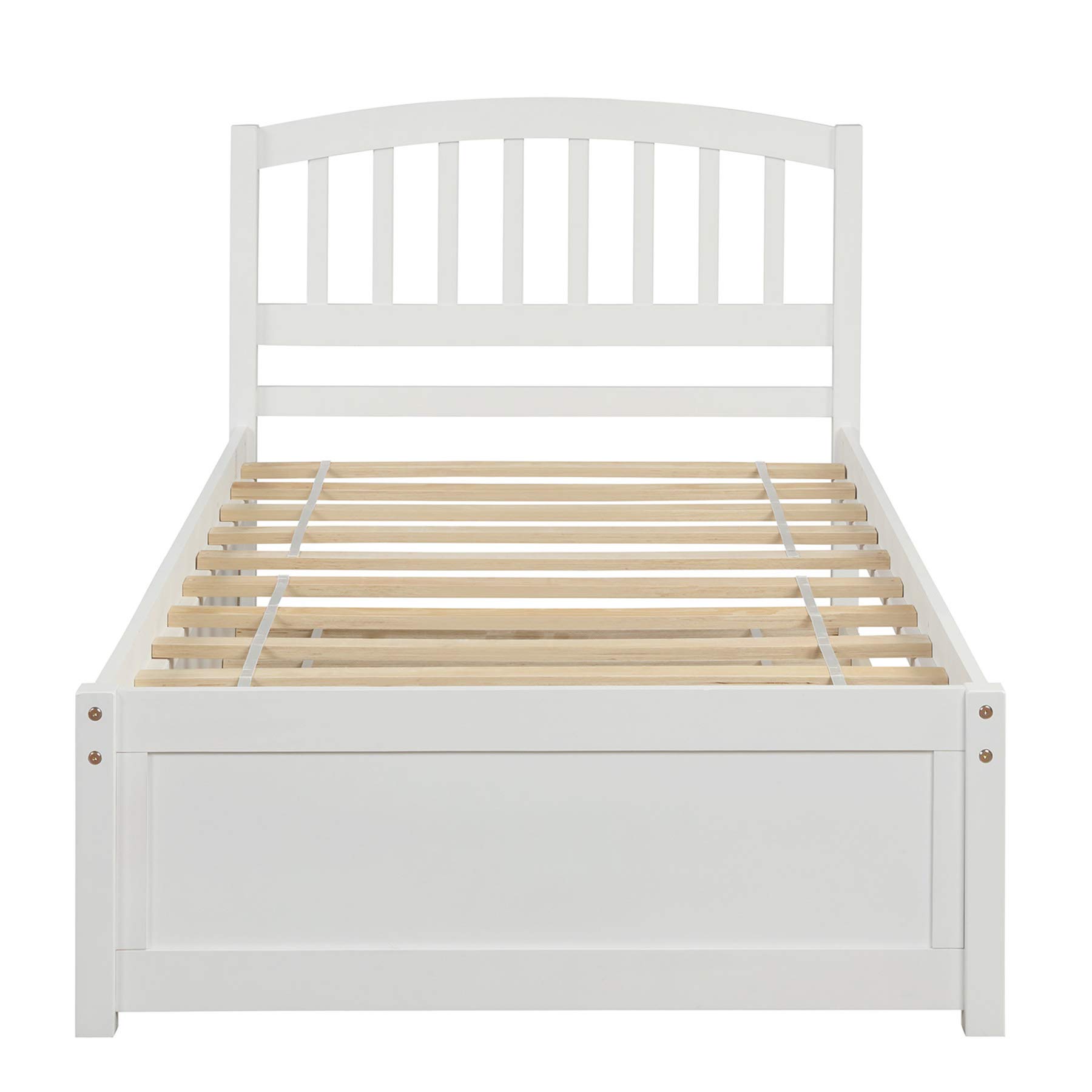 P PURLOVE Twin Size Wooden Platform Bed Frame with Headboard & Trundle - White - Perfect for Kids' Rooms, Guest Beds & Small Space Bedrooms