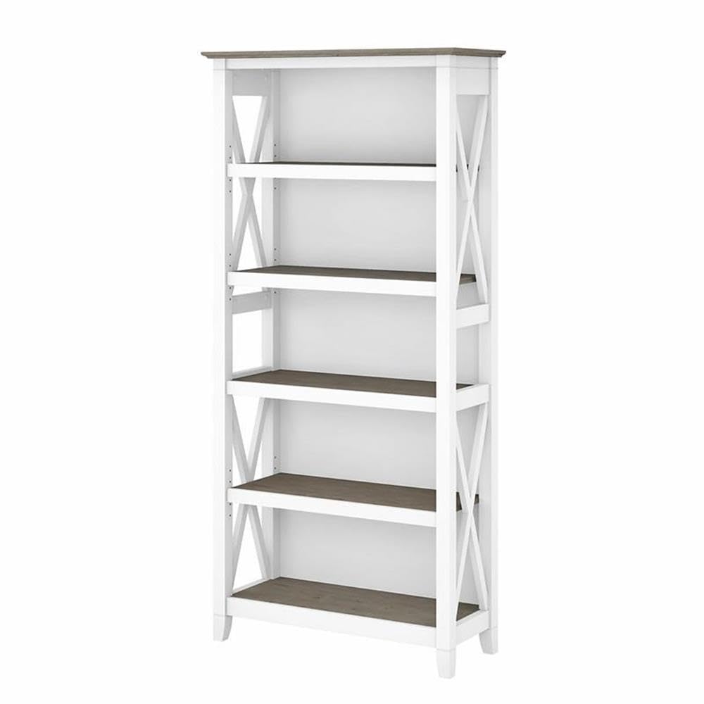 BOWERY HILL 5-Shelf Coastal Wood Tall Bookcase - Shiplap Gray & White - Perfect for Beach House, Farmhouse & Living Room Storage