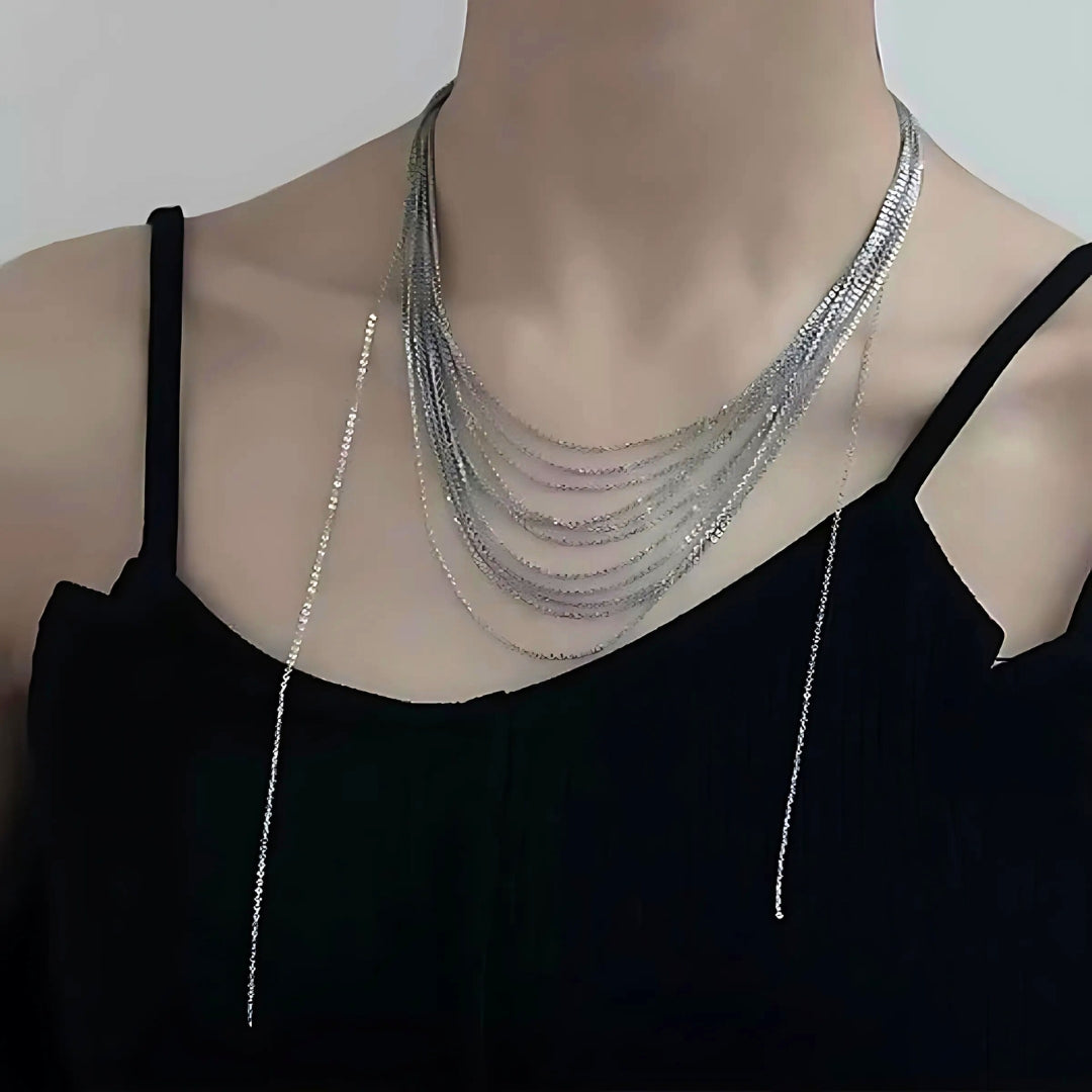 Multistrand Silver Tassel Chain Necklace HN2699 - Elegant Layered Jewelry for Women, Perfect for Parties, Weddings & Everyday Wear