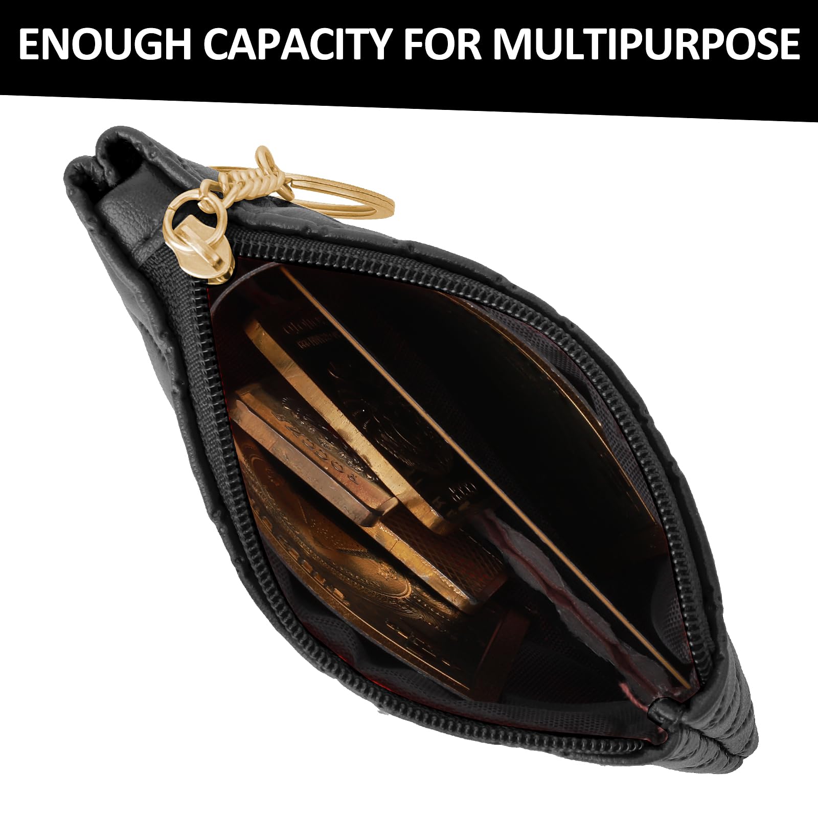 Simarro Small Coin Purse for Women & Men - Double Embossed Rhombus PU Leather Zipper Wallet - Compact Keychain Mini Coin Bag for Cash, Cards & Keys - Perfect for Travel, Shopping & Everyday Use (Black)