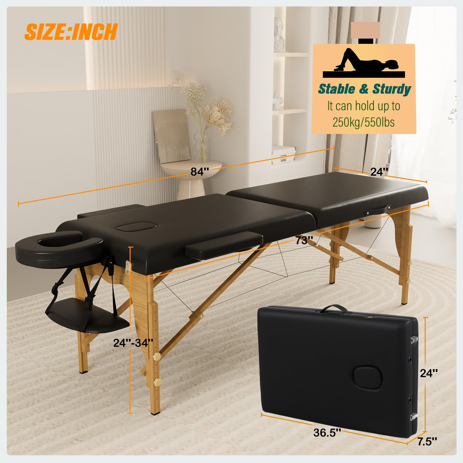 Portable Massage Table with Neck Stretcher - 84 Inch Foldable Adjustable Massage Bed for Facial, Tattoo & Lash Extensions - Sturdy Wood Frame Beauty Table for Professionals (Black) - Perfect for Spa, Salon & Home Use